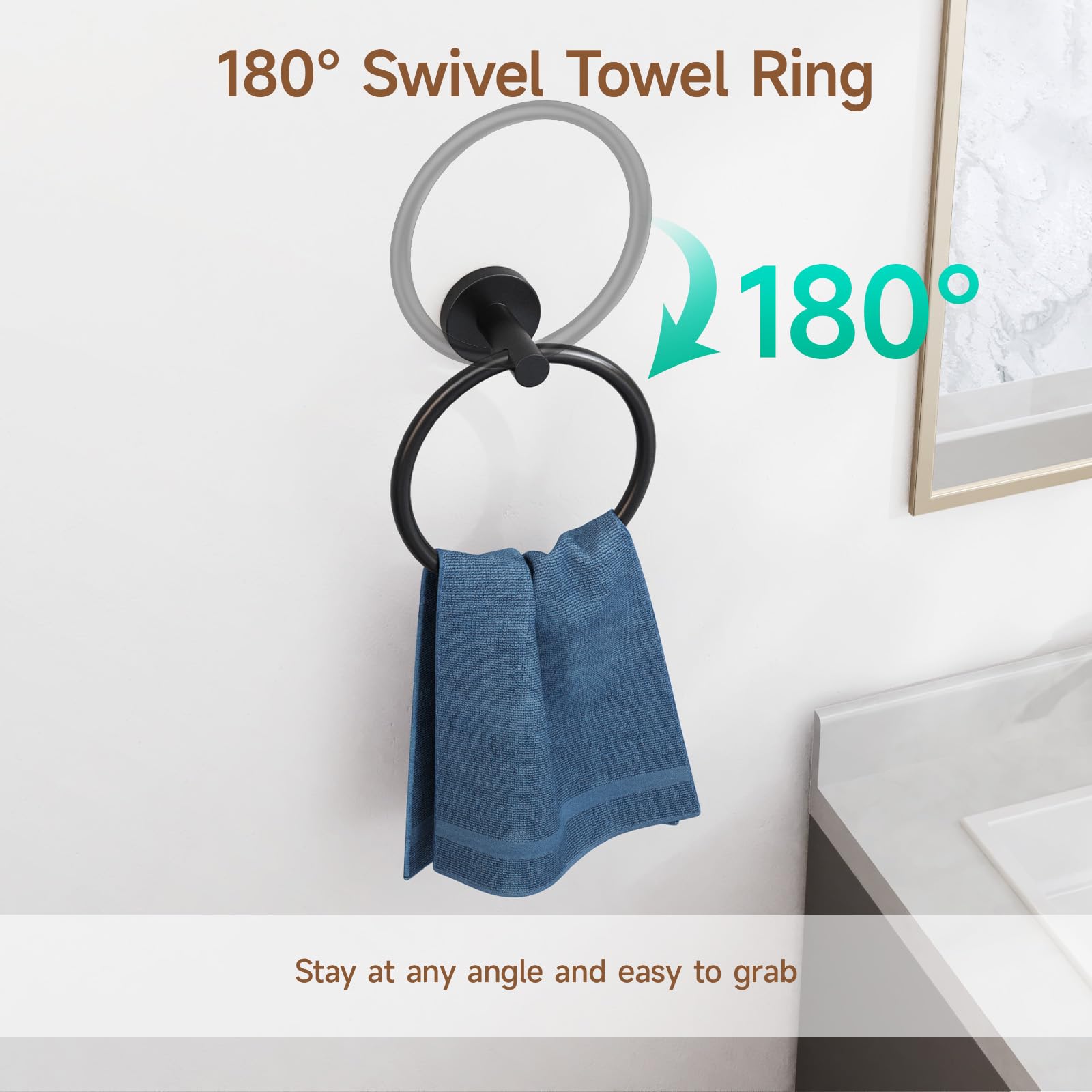 USHOWER Matte Black Towel Ring  Hand Towel Holder for Bathroom Wall Mounted  Durable 304 Stainless Steel  Modern Style