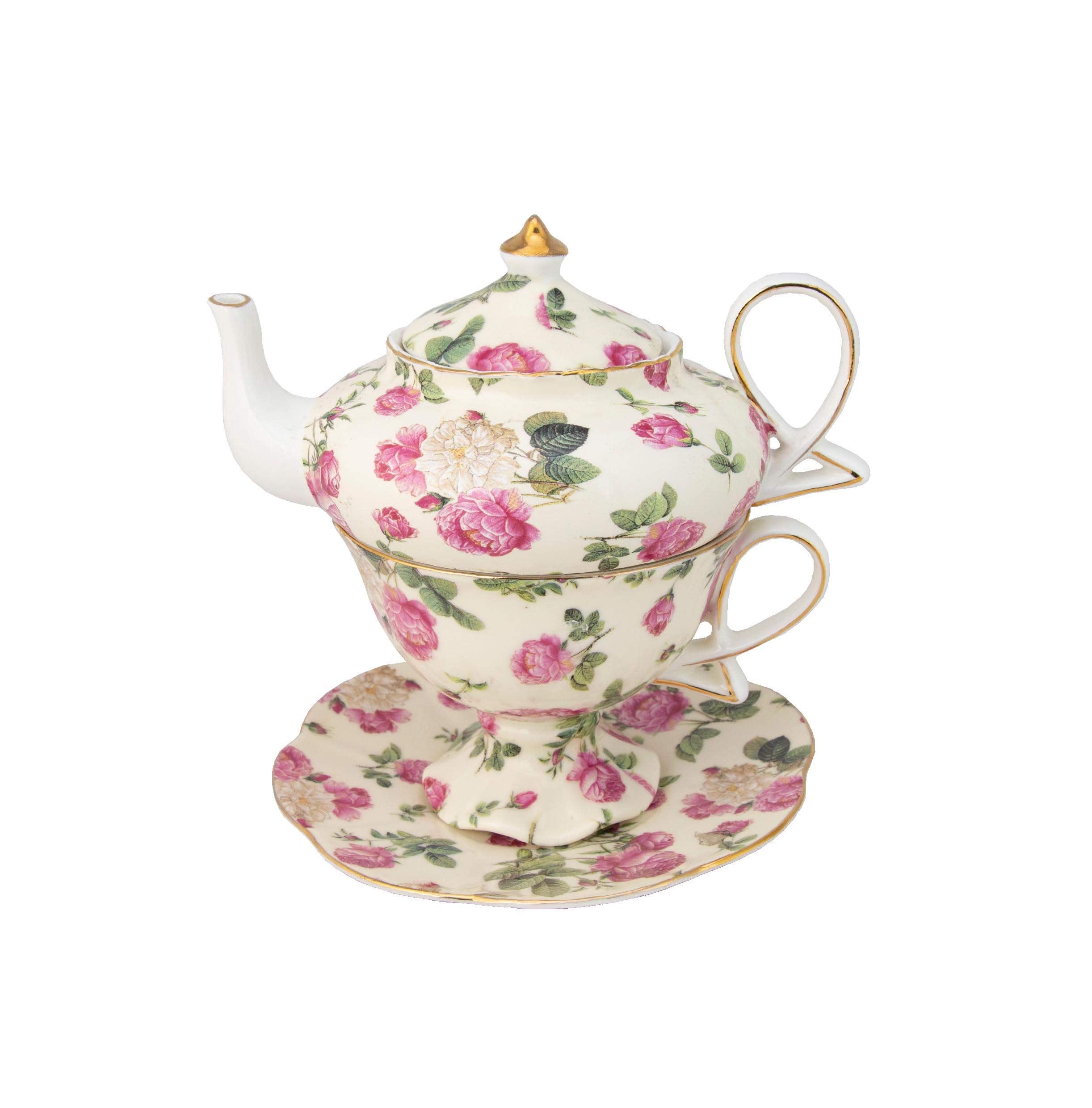 Gracie China By Coastline Imports 4-Piece Porcelain Tea For One, Stacked Teapot Cup Saucer, Pink Rose Bouquet Chintz