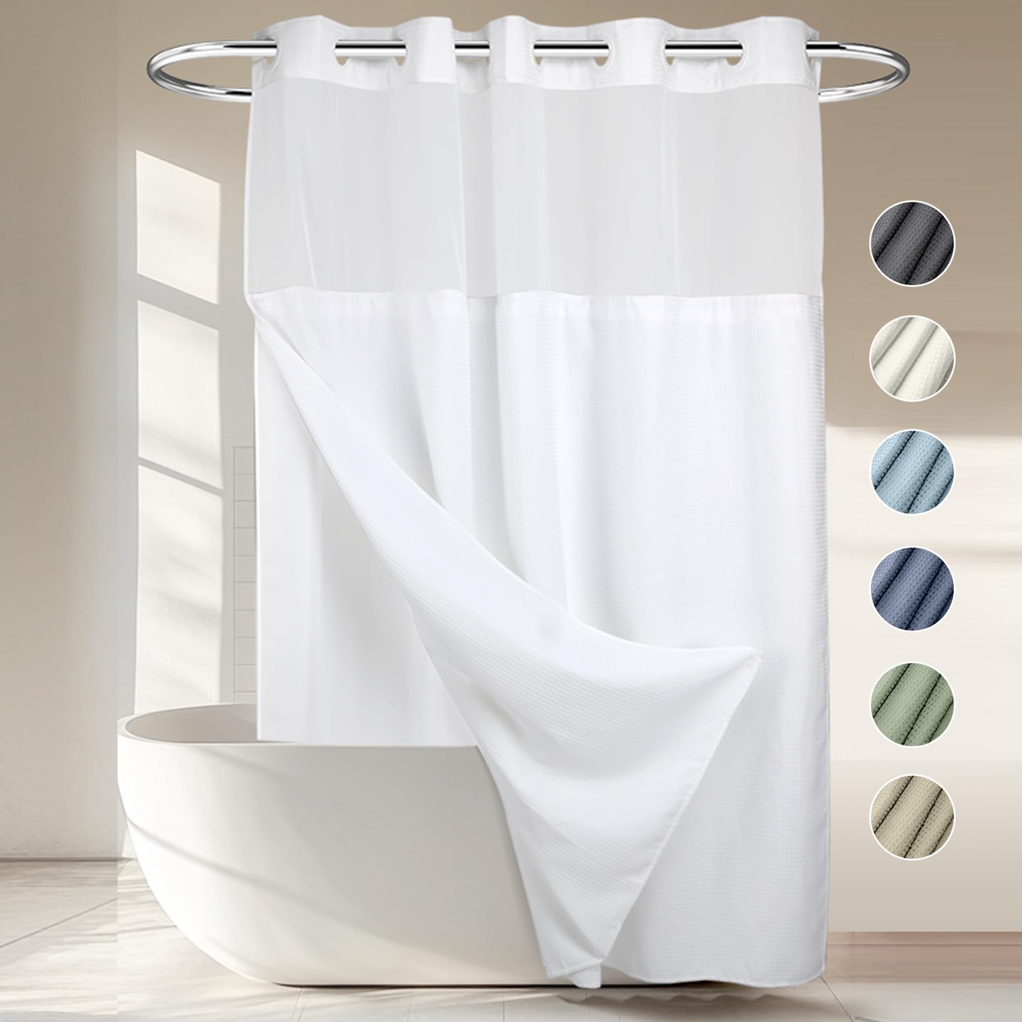 No Hooks Required Waffle Weave Shower Curtain with Snap in Liner - 71W x 74H Hotel Grade Spa Like Bath Curtain White