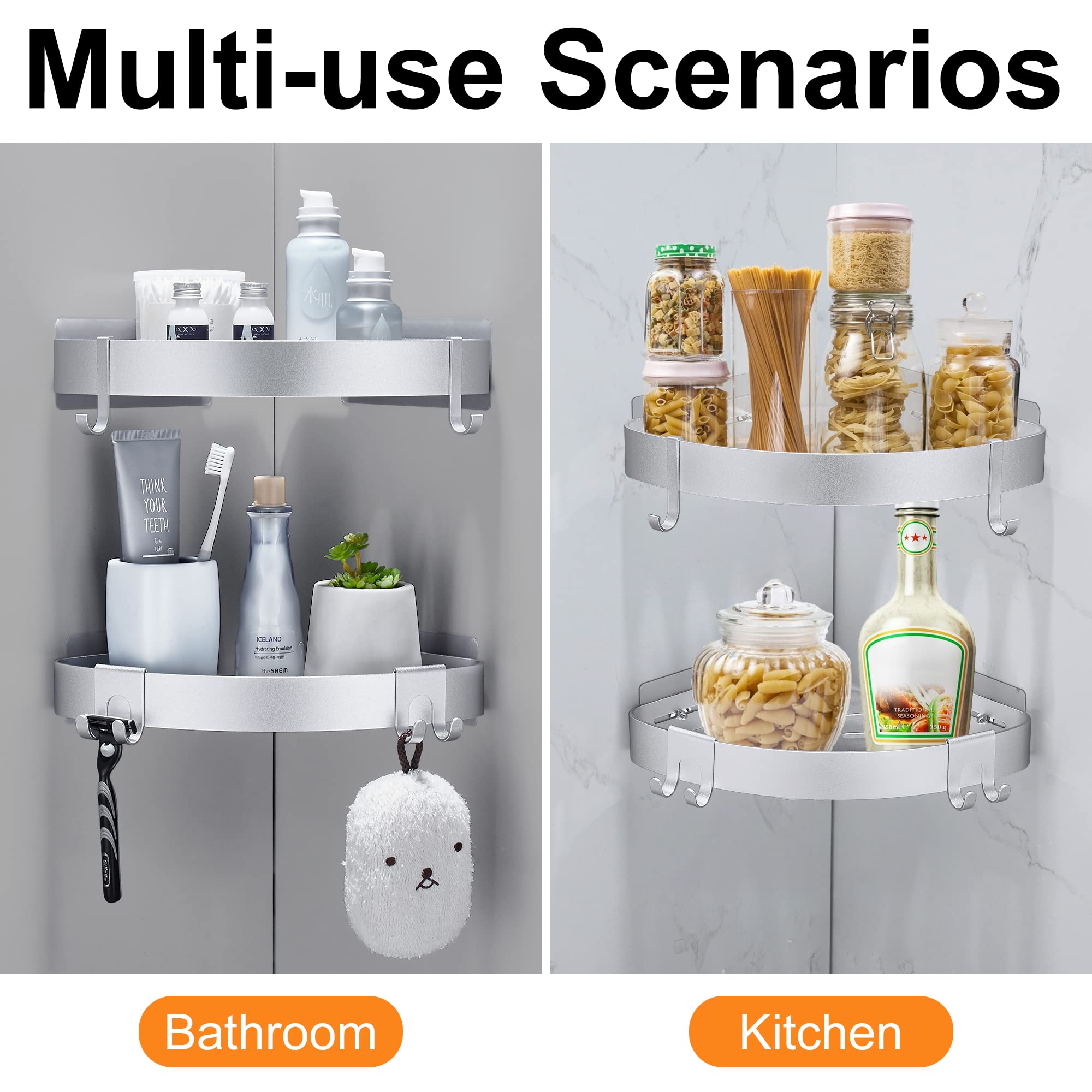 Dufu Adhesive Corner Shower Caddy With Hooks,Bathroom Shower Organizer, No Drilling Rust Proof Aluminum Shower Shelf For Inside