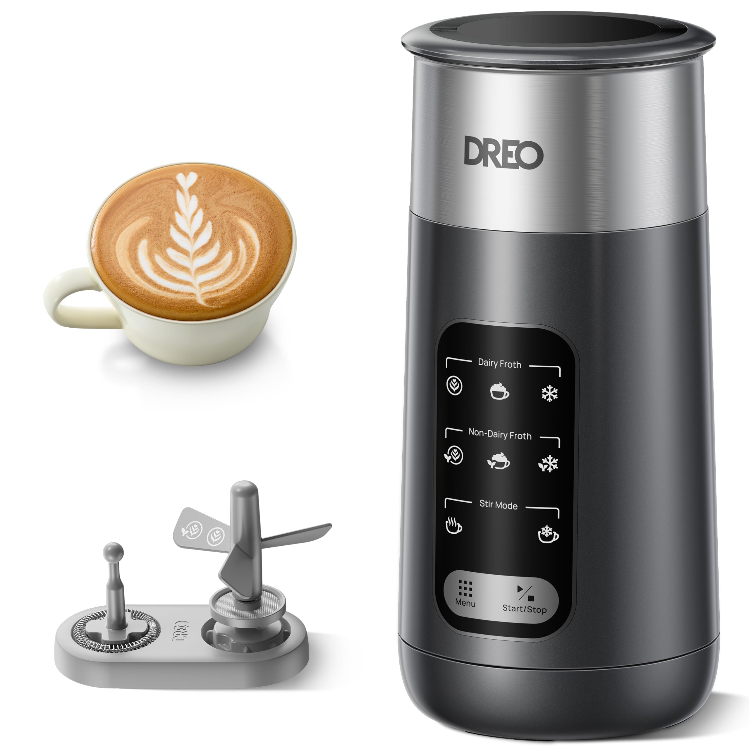 DREO Milk Frother, 8-in-1 Electric Stainless Steel Frother for Latte Art Microfoam and Coffee, 9oz/270ml Warm and Cold Foam Auto
