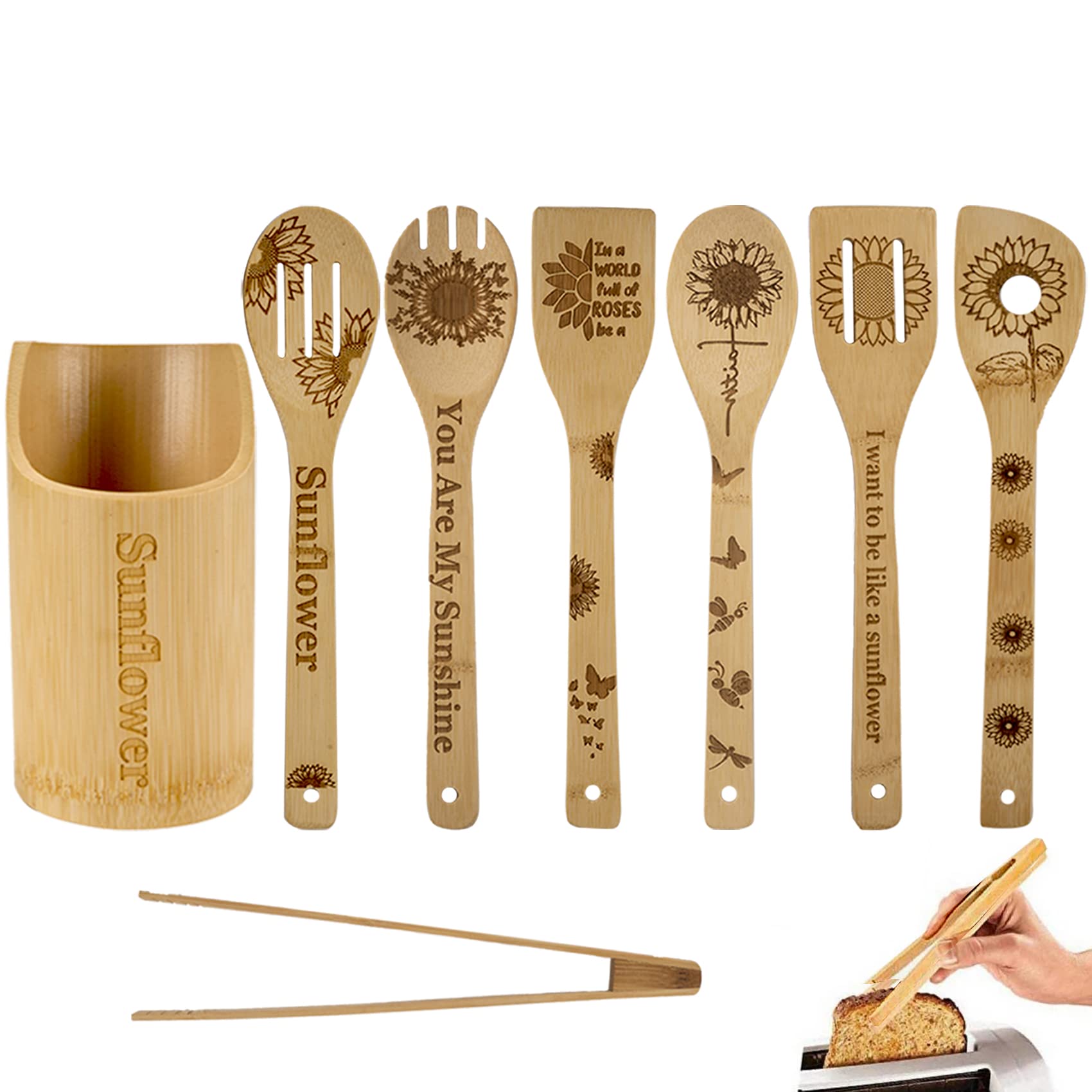 8Pcs Sunflower Wooden Cooking Spoons With Holder,Sunflower Kitchen Decor,Sunflower Gifts,Sunflower Gift For Women,Gifts For Sunf