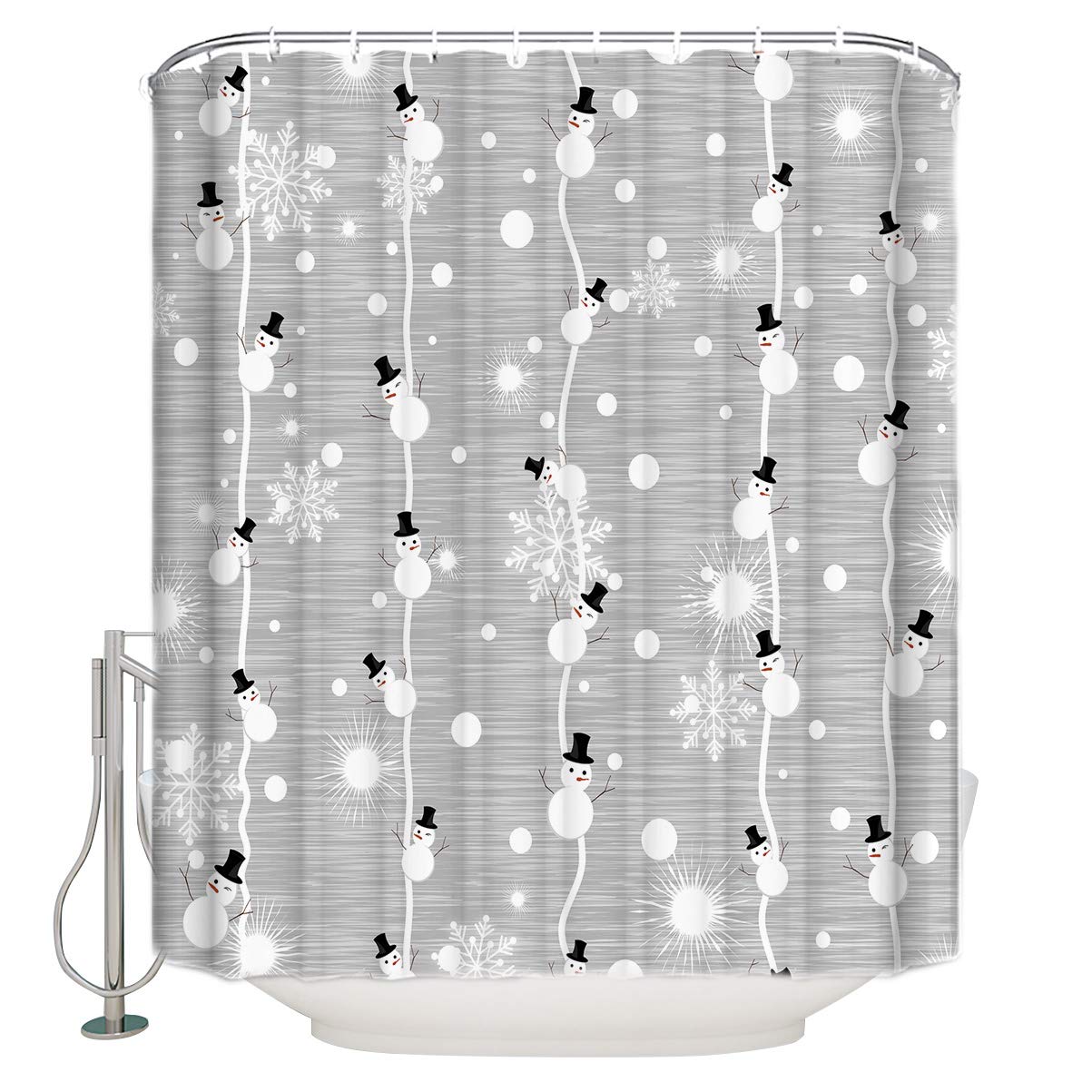 Merry Christmas Shower Curtain, Snowman And Snowflake On Grey Background Digital Print, Fabric Bathroom Decor With Hooks, 36 X 7