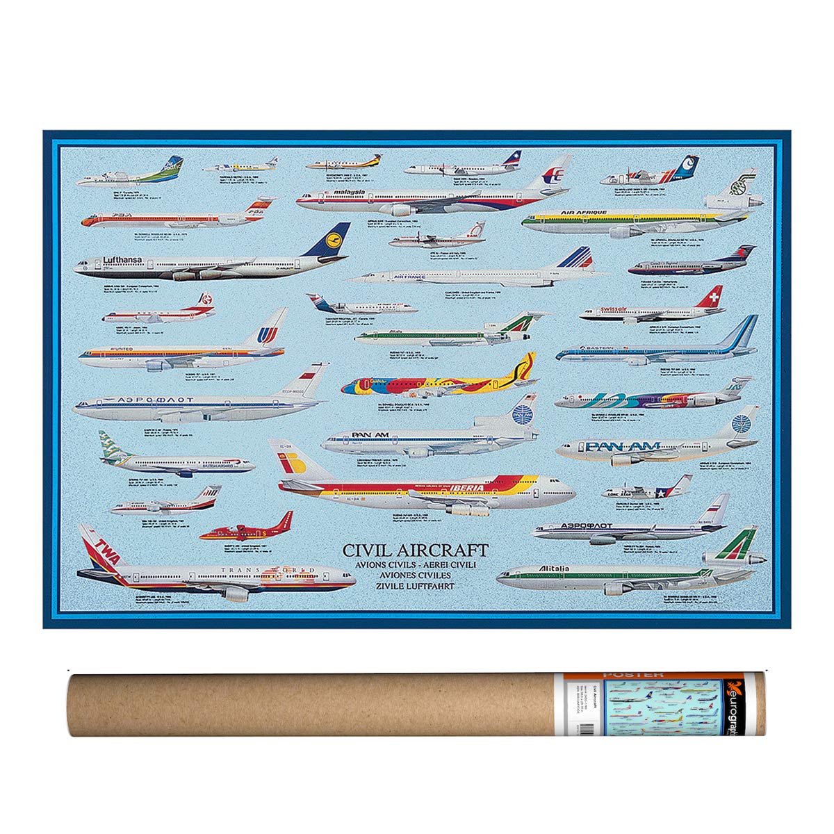 Eurographics Civil Aircraft Poster, 38.5 X 25.75 Inch