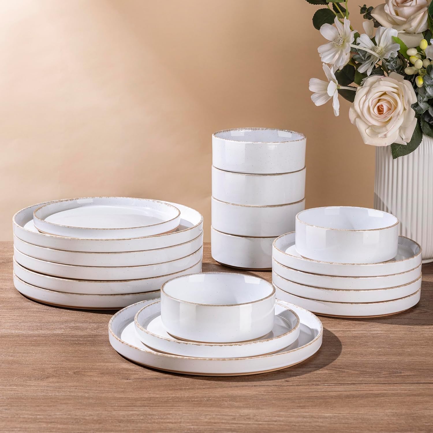AmorArc Ceramic Dinnerware Sets for 4, 12 Pieces Handpainted Plates and Bowls Set with Rustic Terracotta Underside, Scratch Resi