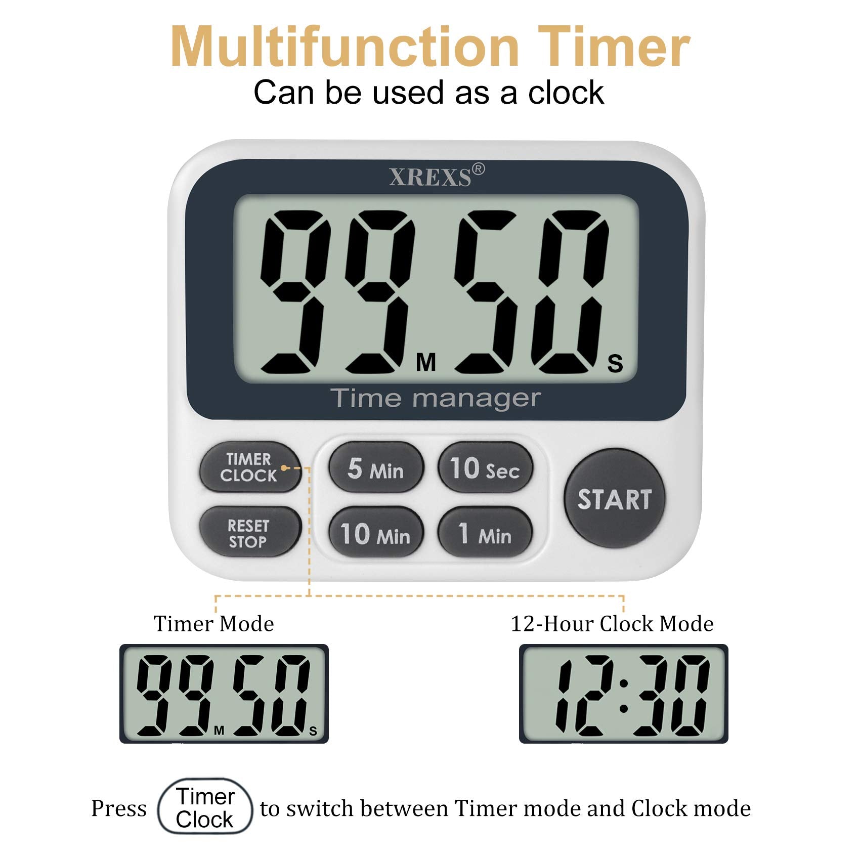 Xrexs Digital Kitchen Timer, Magnetic Countdown Up Cooking Timer Clock With Large Lcd Display, Adjustable Volume, Loud Alarm & S