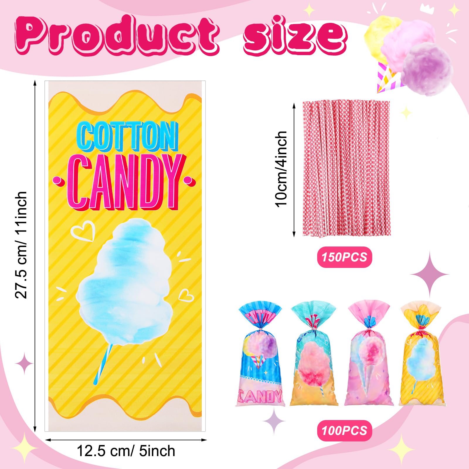 Karenhi 100 Pcs Cotton Candy Bags Cotton Candy Cones Treat Bags Snacks Bags Set Cotton Candy Supplies For Circus Carnival Birthd