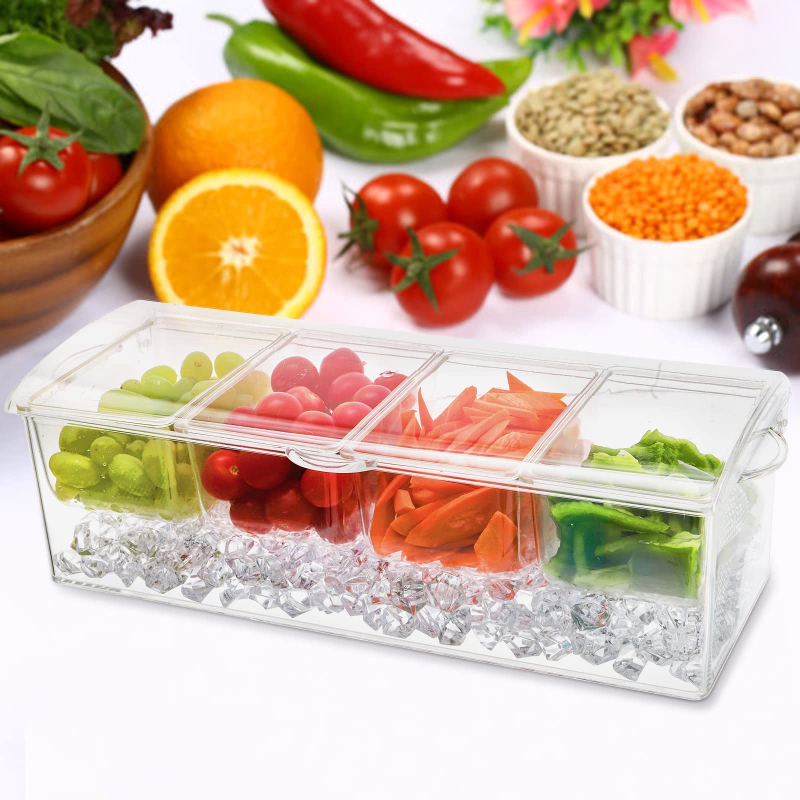 Jucoan Large Ice Chilled Condiment Server With Lid And 4 Removable Compartment, Clear Plastic Condiment Server Caddy Tray On Ice