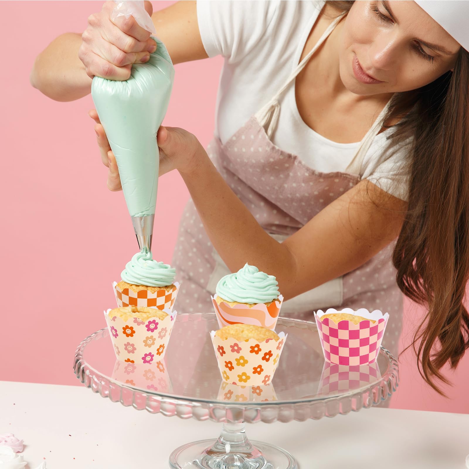 Whaline 36Pcs Retro Groovy Cupcake Wrappers Vintage Smile Daisy Checkered Cupcake Liners Pink Orange Boho Paper Baking Cup Cupca