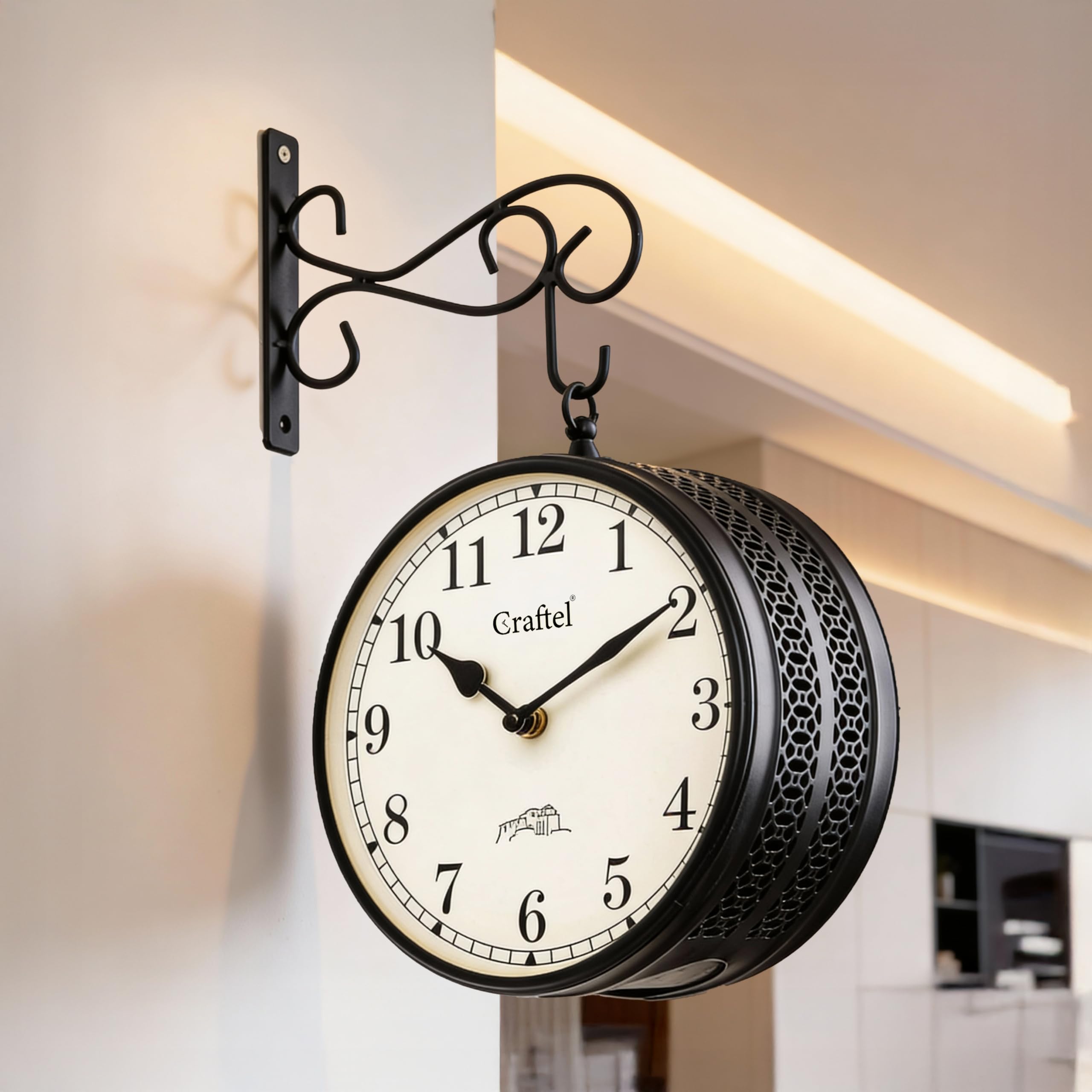 Craftel Metal Analog Double Sided Vintage Station Wall Clock With Both Side English Dial For Home And Living Room (Dial - 10 Inc
