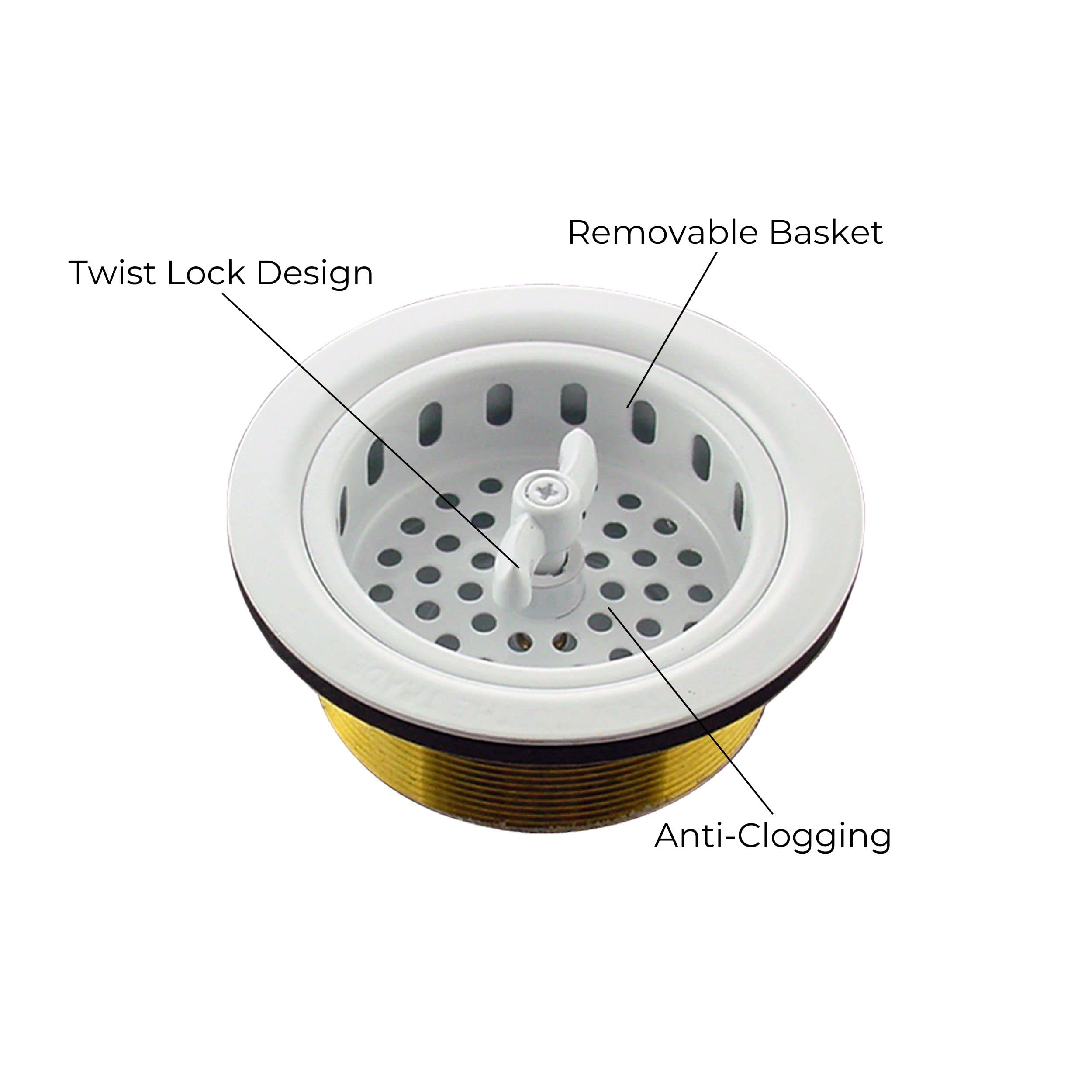 Mr. Scrappy 3.5'' Sink Drain Assembly With Twist Lock Basket Strainer, Solid Brass, White