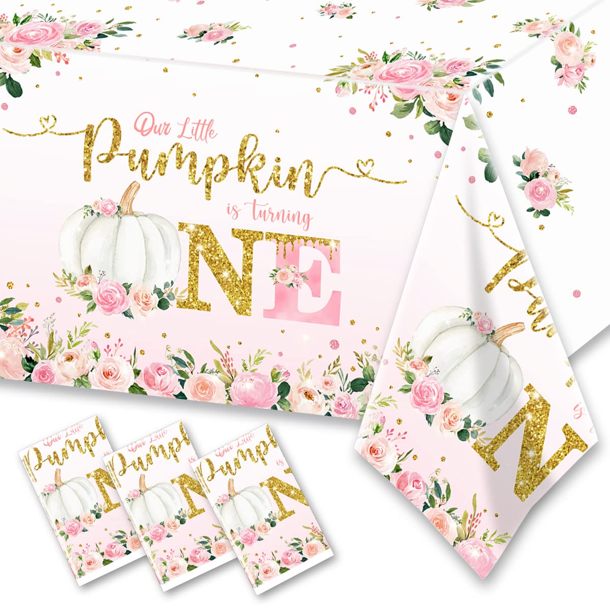 Little Pumpkin Baby Shower Decorations Girl-3Pcs Our Little Pumpkin is Turning One Tablecloths Pink Pumpkin Plastic Rectangle Ta
