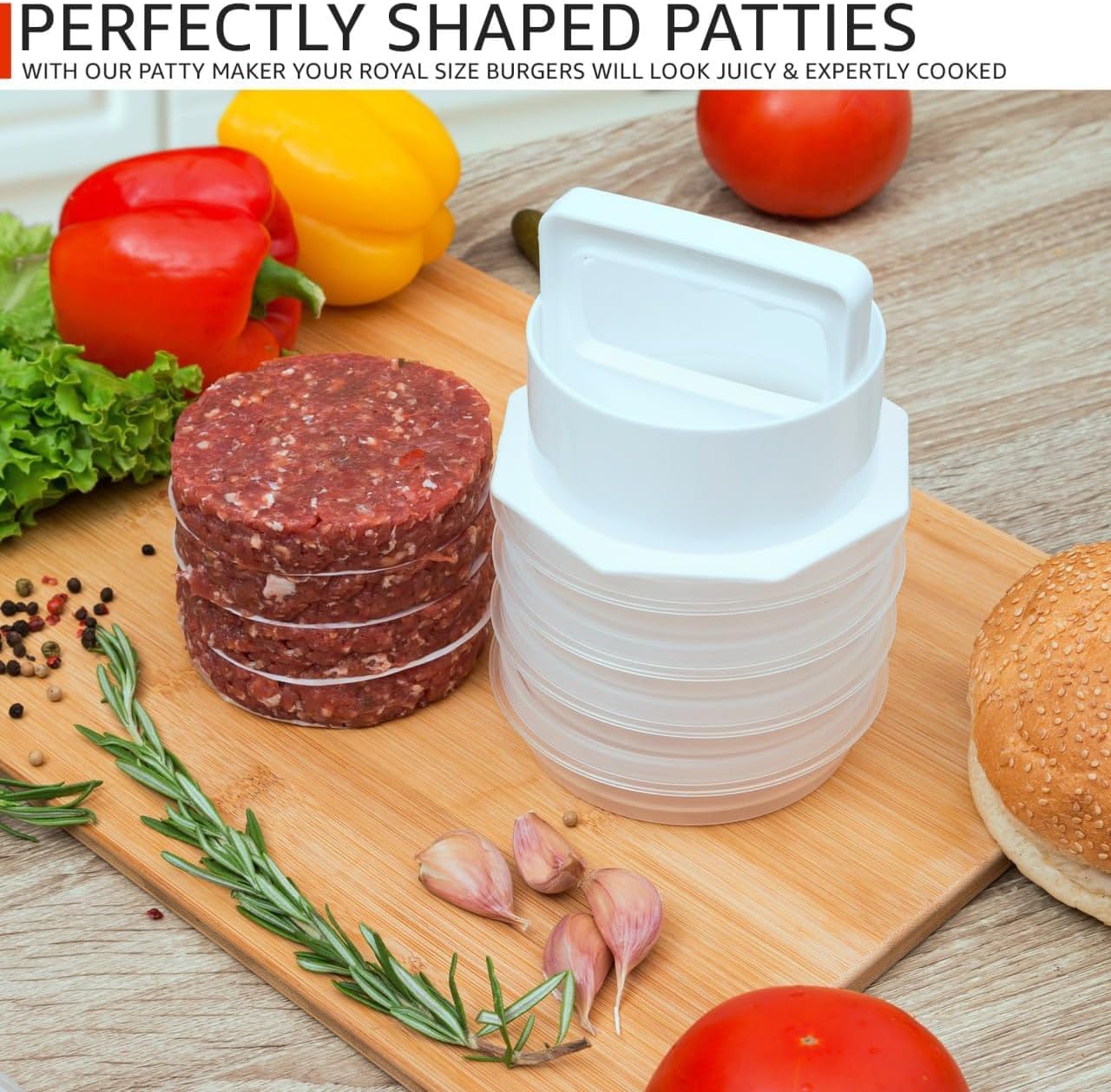 Mission Gallery Hamburger Press - 4-in-1 Patty Maker with 4 Containers & 100 Papers - Transparent Burger Mold for BBQ