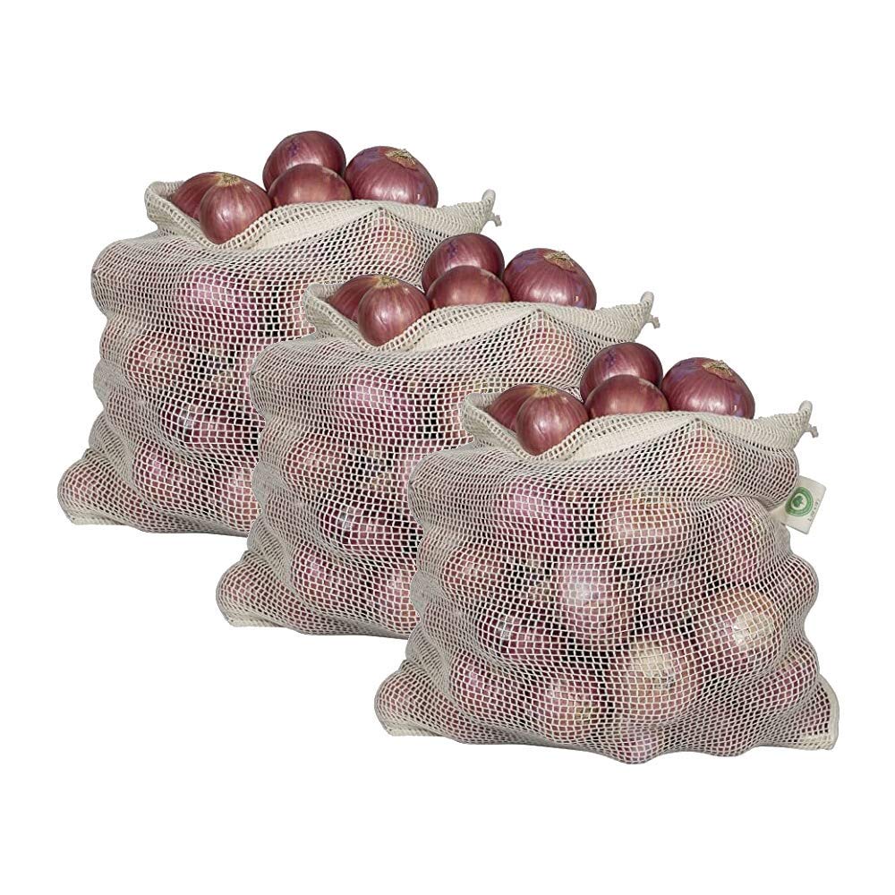 Reusable Onion Storage Bags - Organic Cotton Mesh Onion Bags With Drawstring - Washable Onion Holder Storage - Net Onion Keeper
