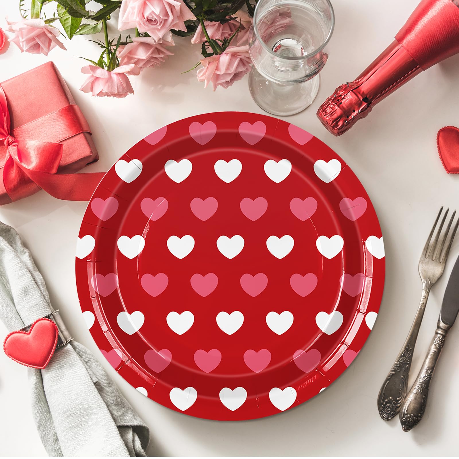Jarthenaamcs 50Pcs Valentine'S Day Paper Plates Love Heart Disposable Plates 7 & 9 Inch Red White Tableware Plates Set For Weddi