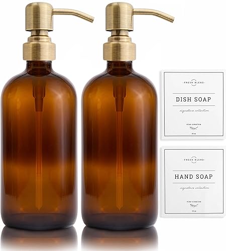 Vine creations Amber glass Soap Dispenser 2 Pack, Thick 16oz Bottles Rustproof Stainless Steel Pump, Kitchen Bathroom Accessorie