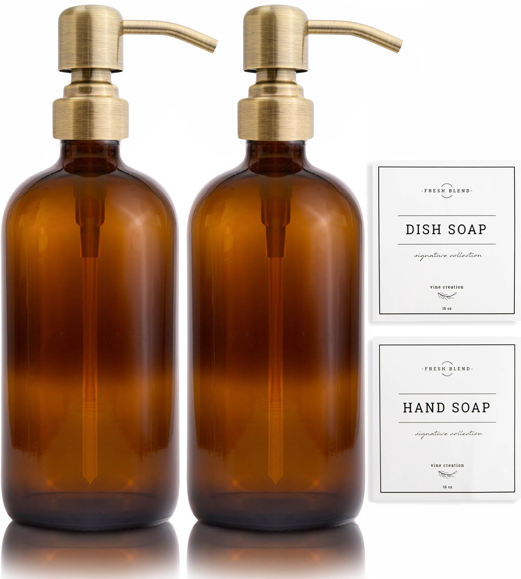 Vine creations Amber glass Soap Dispenser 2 Pack, Thick 16oz Bottles Rustproof Stainless Steel Pump, Kitchen Bathroom Accessorie
