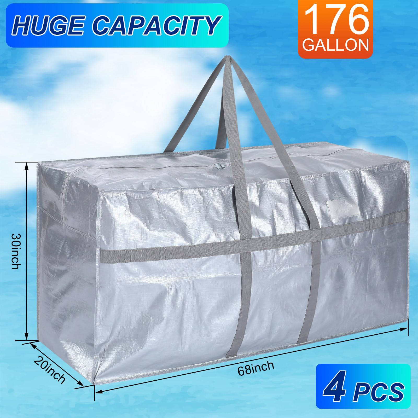 Clysee 4 Pcs 176 Gallon Large Moving Bags with Zipper and Handles Foldable Storage Duffle Bags Heavy Duty Extra Large Totes for