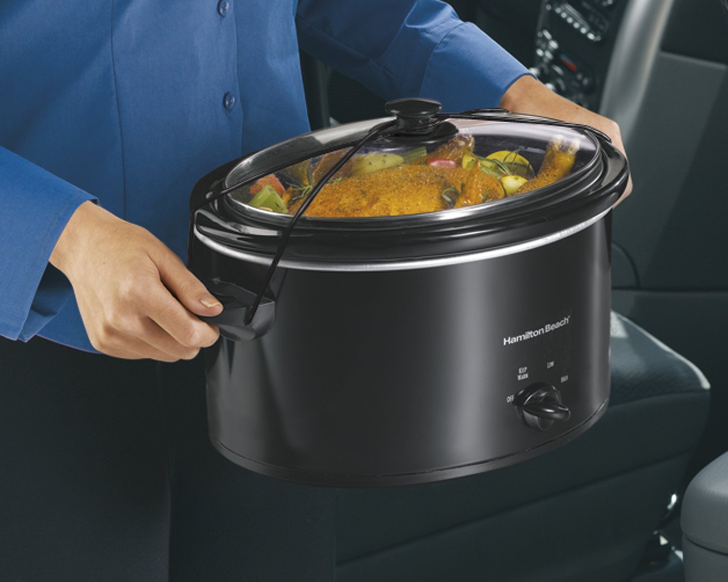 Hamilton Beach 5-Quart Portable Slow Cooker, Black, Model 33256, Dishwasher-Safe Stoneware, Lid Latch Strap for Easy Transport
