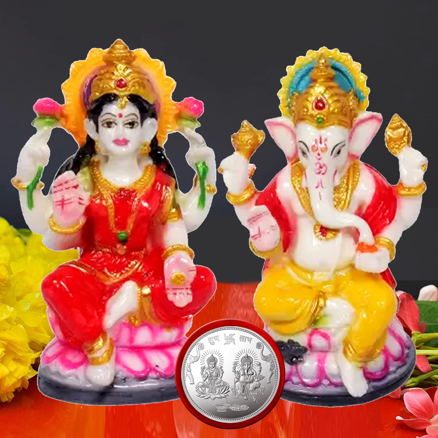 Kitlyn Laxmi Ganesh Sitting On Kamal Singhasan | Laxmi Ganesh Silver Coin For Wealth & Hapinness Decorative Showpiece - 10 Cm - 