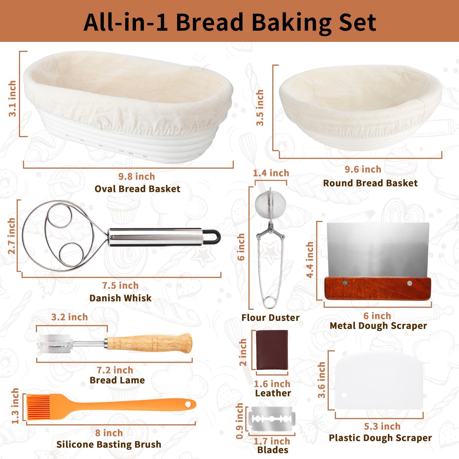 Banneton Bread Proofing Basket Set Of 2, 10'' Round & 10'' Oval Sourdough Baskets With Linen Liners, Bread Lame, Scrapers, Danis
