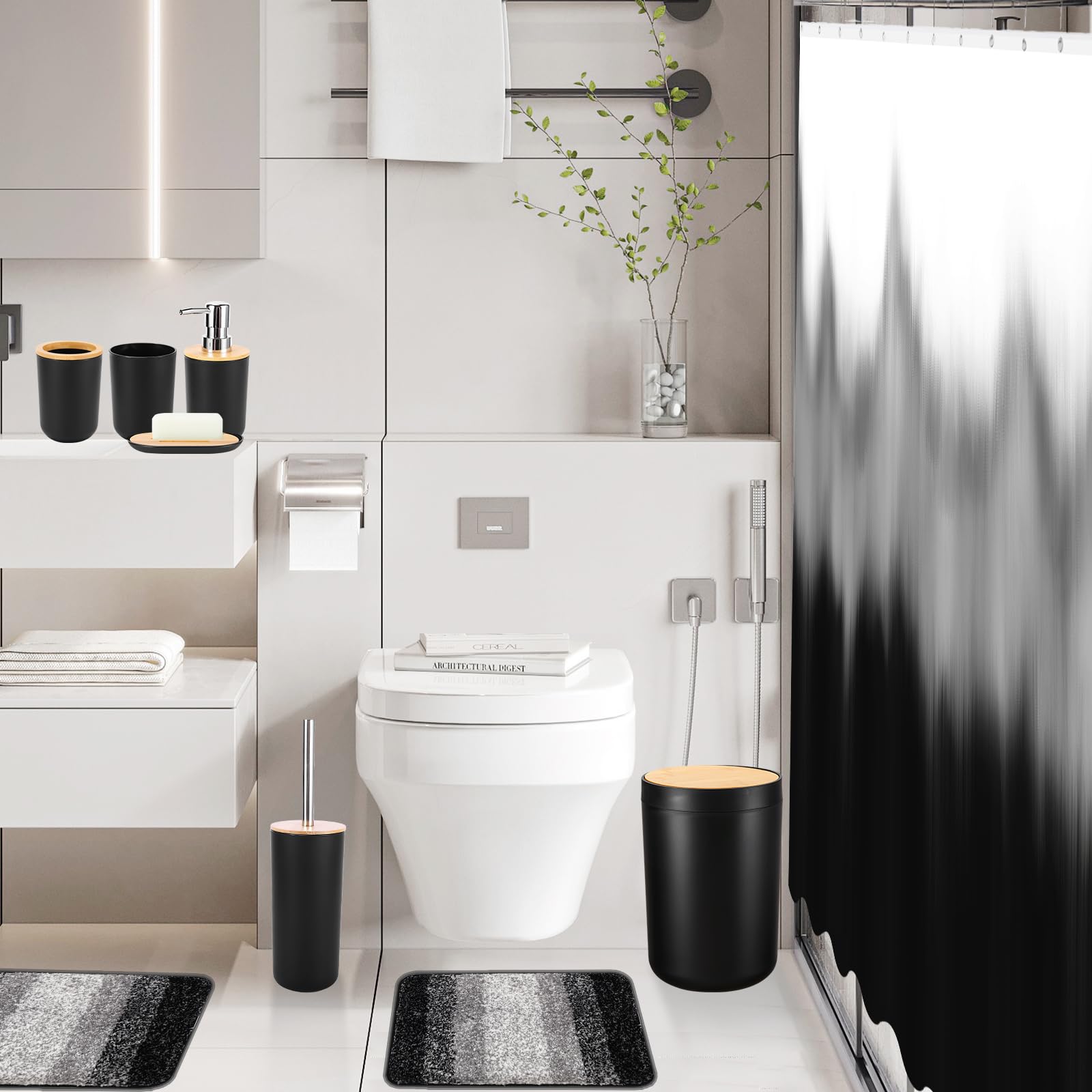 Imucci Bathroom Accessories Black Bathroom Sets With Shower Curtain And Rug, Black Ombre Waterproof Shower Curtain With Ultra Ab