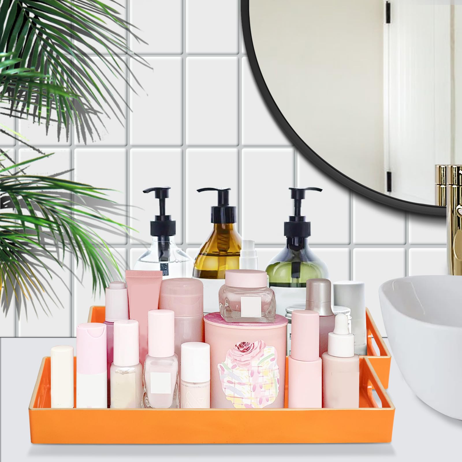 Maoname Orange Vanity Tray Set Of 2, Plastic Decorative Tray With Handles, Rectangular Bathroom Tray For Toilet Tank, Counter, 1