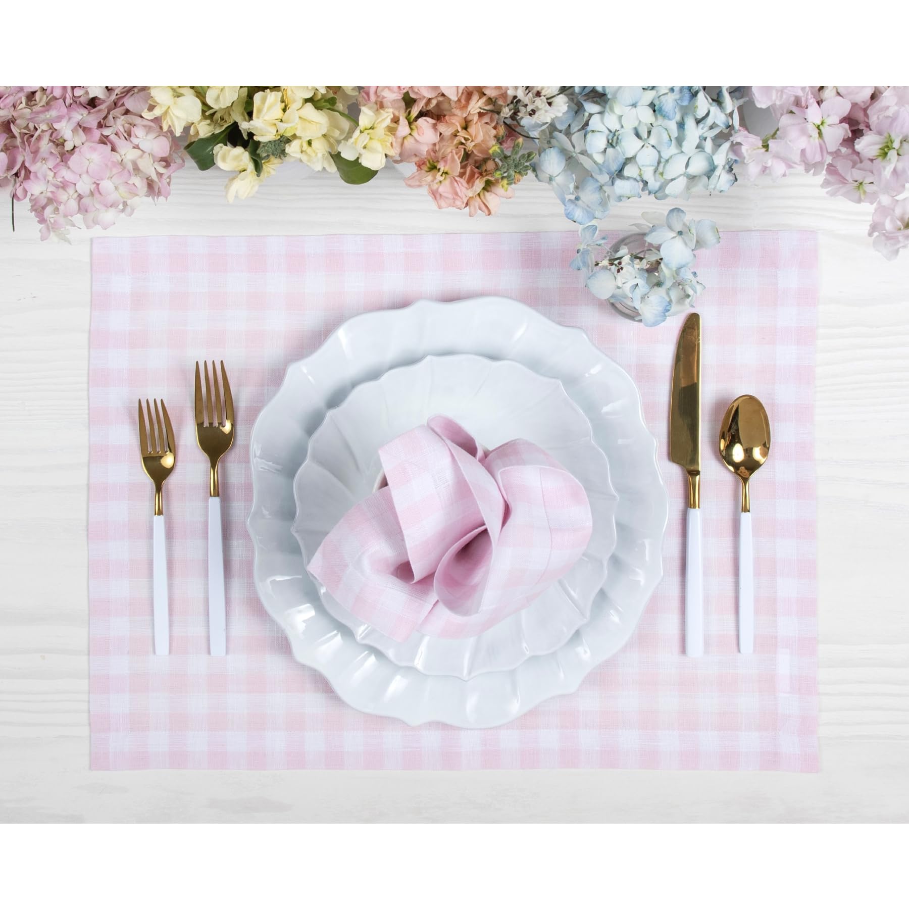 Solino Home Linen Placemats 14 X 19 Inch - 100% Pure Linen Marshmellow Pink Plaid Cloth Placemats Set Of 4 - Gingham Check, Wash