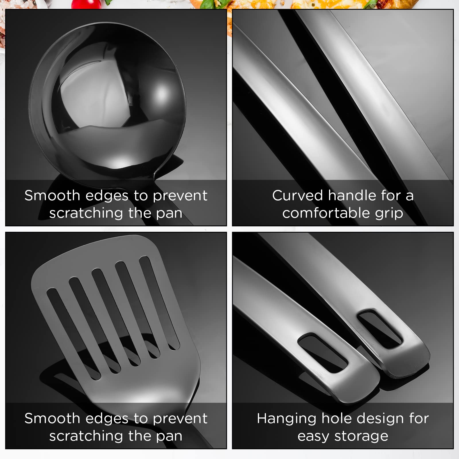 6 Pcs Large Black Stainless Steel Cooking Utensils Set Heat Resistant Kitchen Utensils Set Includes Colander, Bbq Fork, Pasta Sc