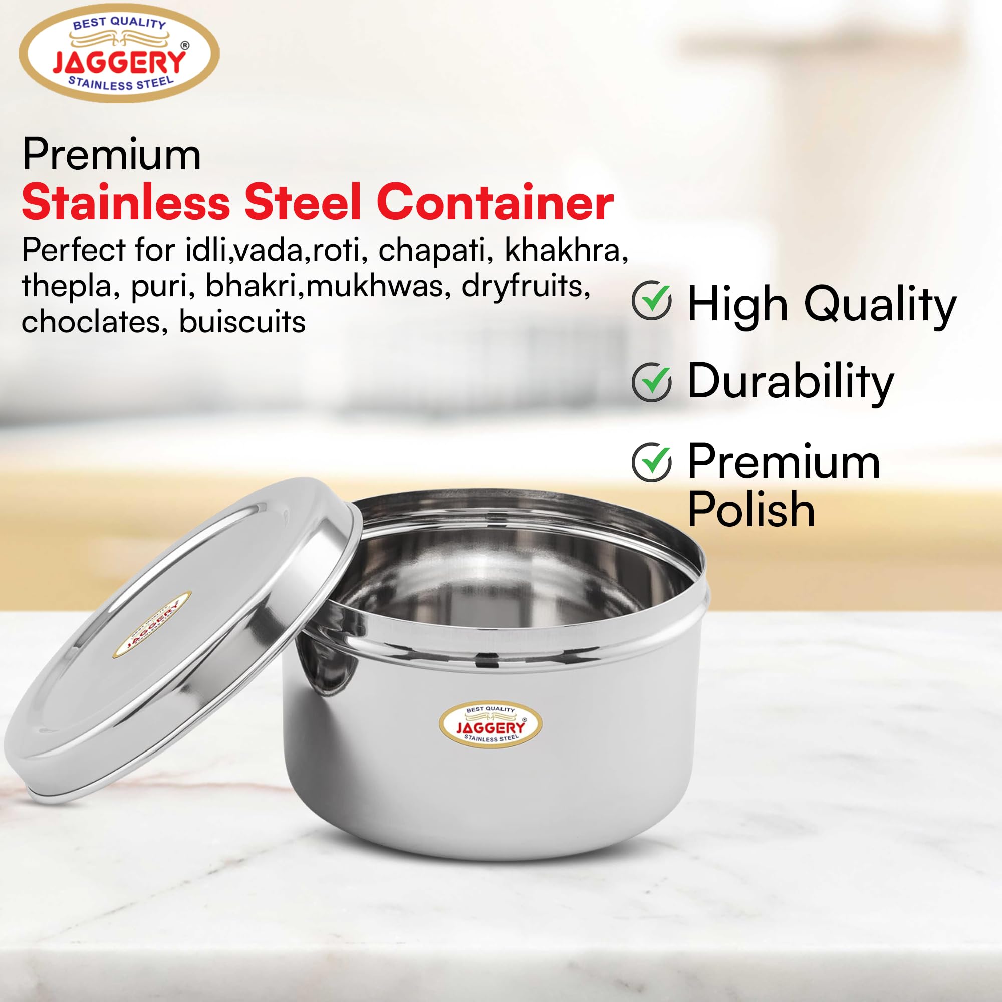 Jaggery Steel Container Heavy Gauge Stainless, Storage Box, Deep Betha Dabba, Grocery Canister, Multipurpose Dibba (Capacity- 35