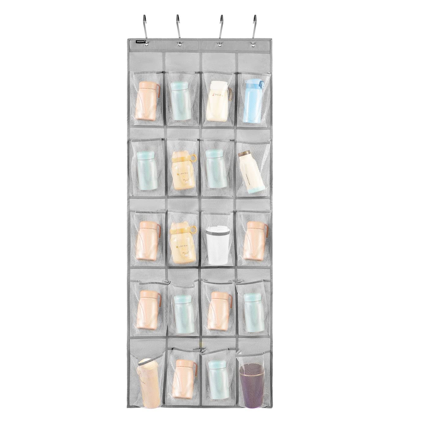 ANZORG Over Door Hanging Water Bottle Holder Cup Organizer for Kitchen Pantry Glass Bottle Storage Rack with 20 Pockets (MESH PO
