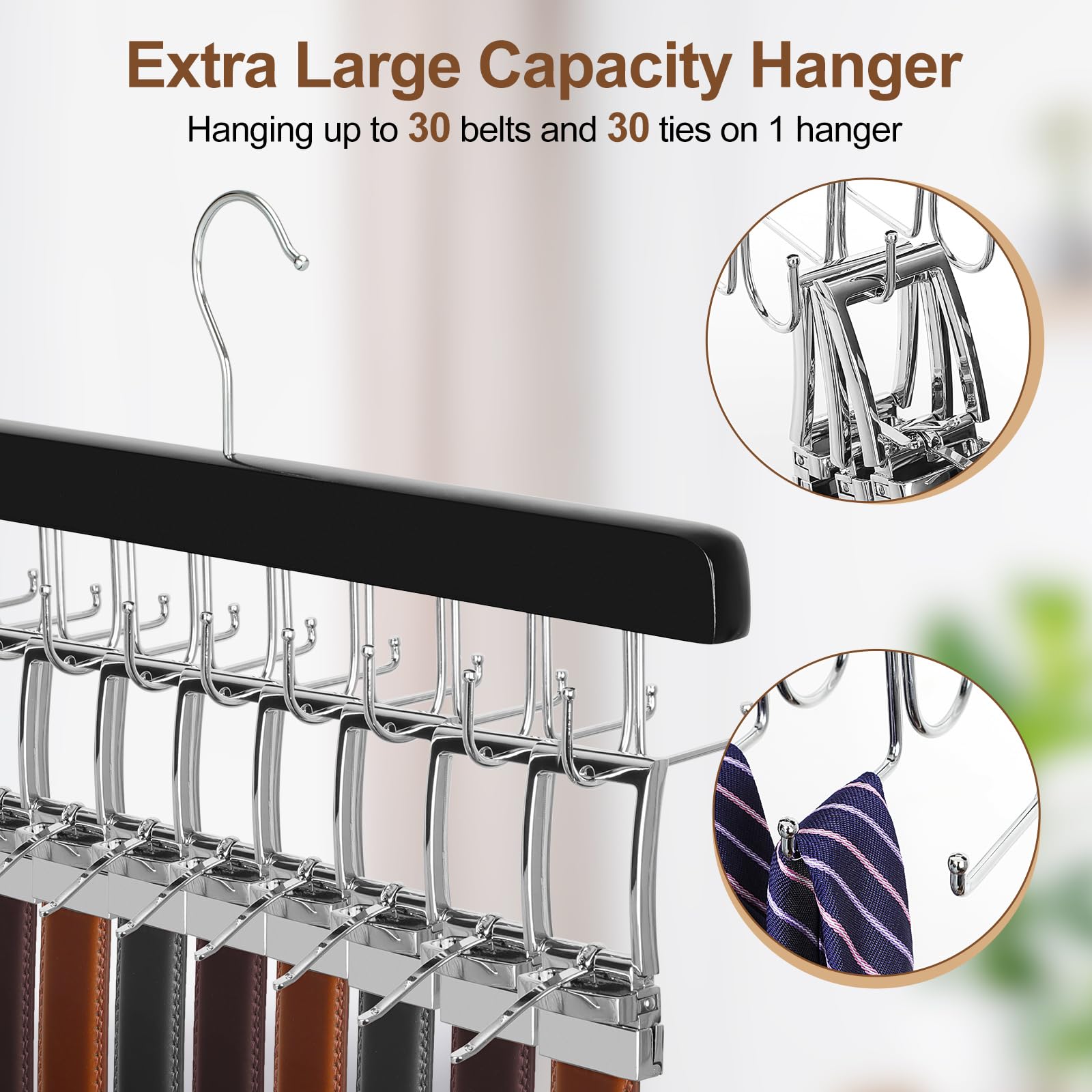 Topia Hanger 2 Pack 2 In 1 Belt Tie Hanger For Closet Max 60 Belts With 60 Ties Capacity, 20 Hooks Belt Tie Racks Wooden Hanger