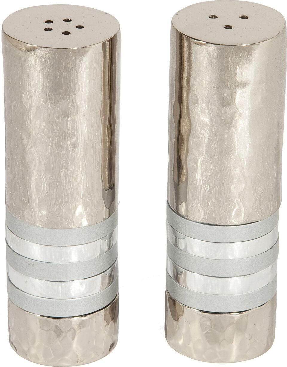 Yair Emanuel Salt And Pepper Shaker Set Hammered Nickel - Silver Rings (Sab-4)