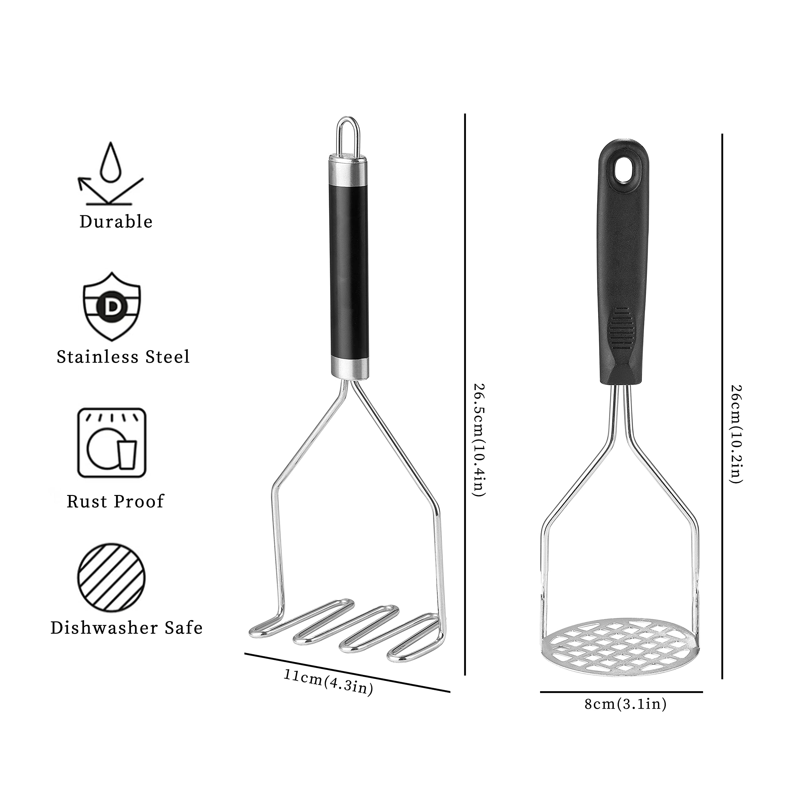 2Pcs Potato Masher, Olulu Heavy Duty Stainless Steel Mashed Potatoes Masher, Masher Kitchen Tool For Avocado, Potatoes, Beans, M