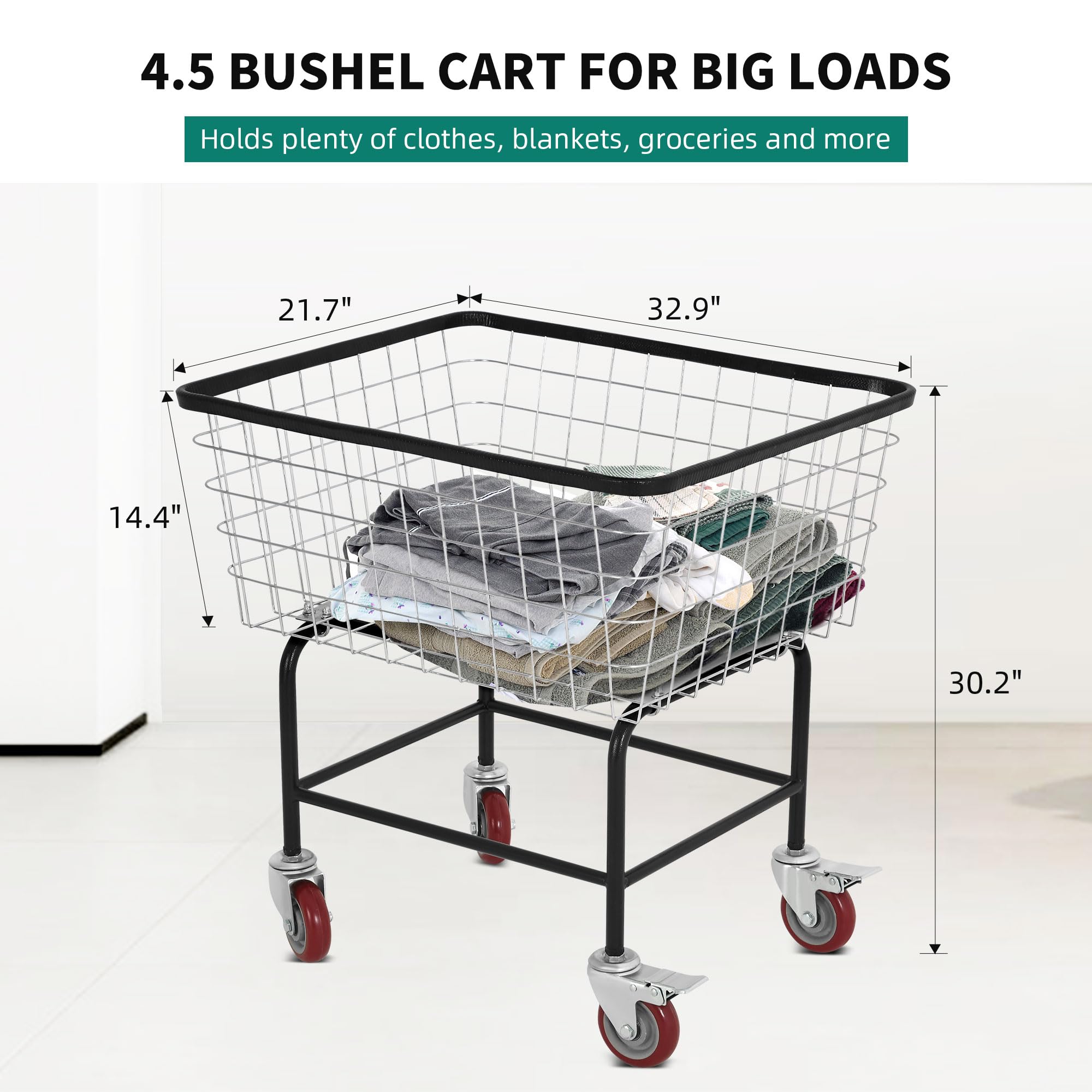 YITAHOME Rolling Laundry Cart, 4.5 Bushel Heavy Duty Alloy Steel Basket, Silver, Model MAYIH7BBfg
