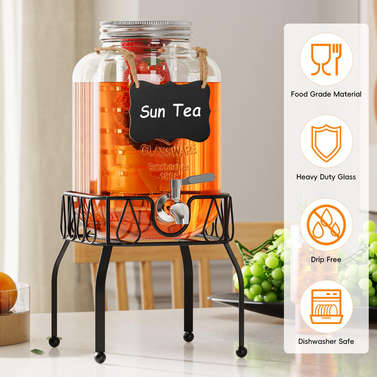 Onedream Glass Drink Dispenser For Parties, 1Gallon Beverage Dispenserd With Stand, Lemonade Dispenser With Stainless Steel Spig