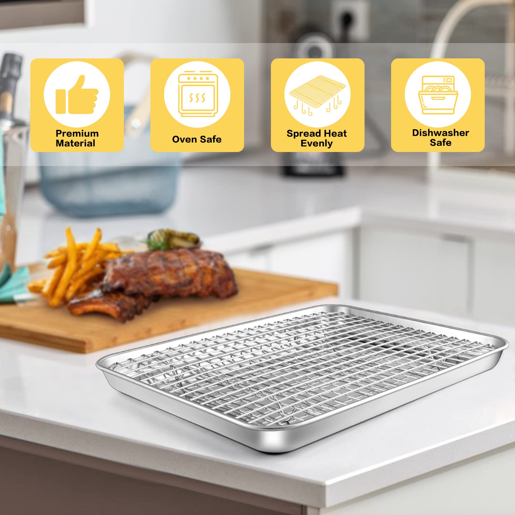 Joyfair 12.5 Inch Baking Pan With Rack Set (2 Pans & 2 Racks), Stainless Steel Quarter Size Toaster Oven Tray With Cooling Rack,