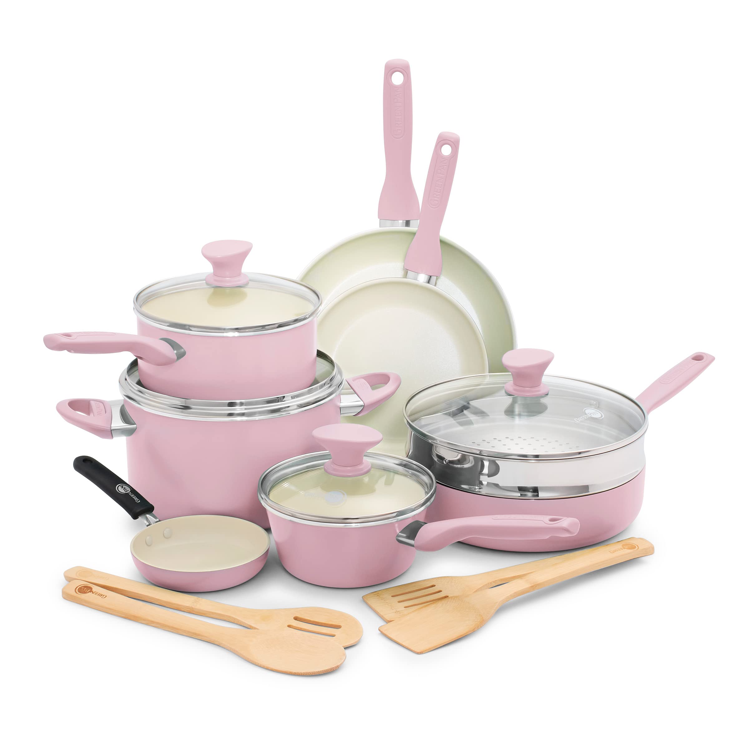 GreenPan Rio Healthy Ceramic Nonstick 16 Piece Cookware Pots and Pans Set, PFAS-Free, Dishwasher Safe, Pink