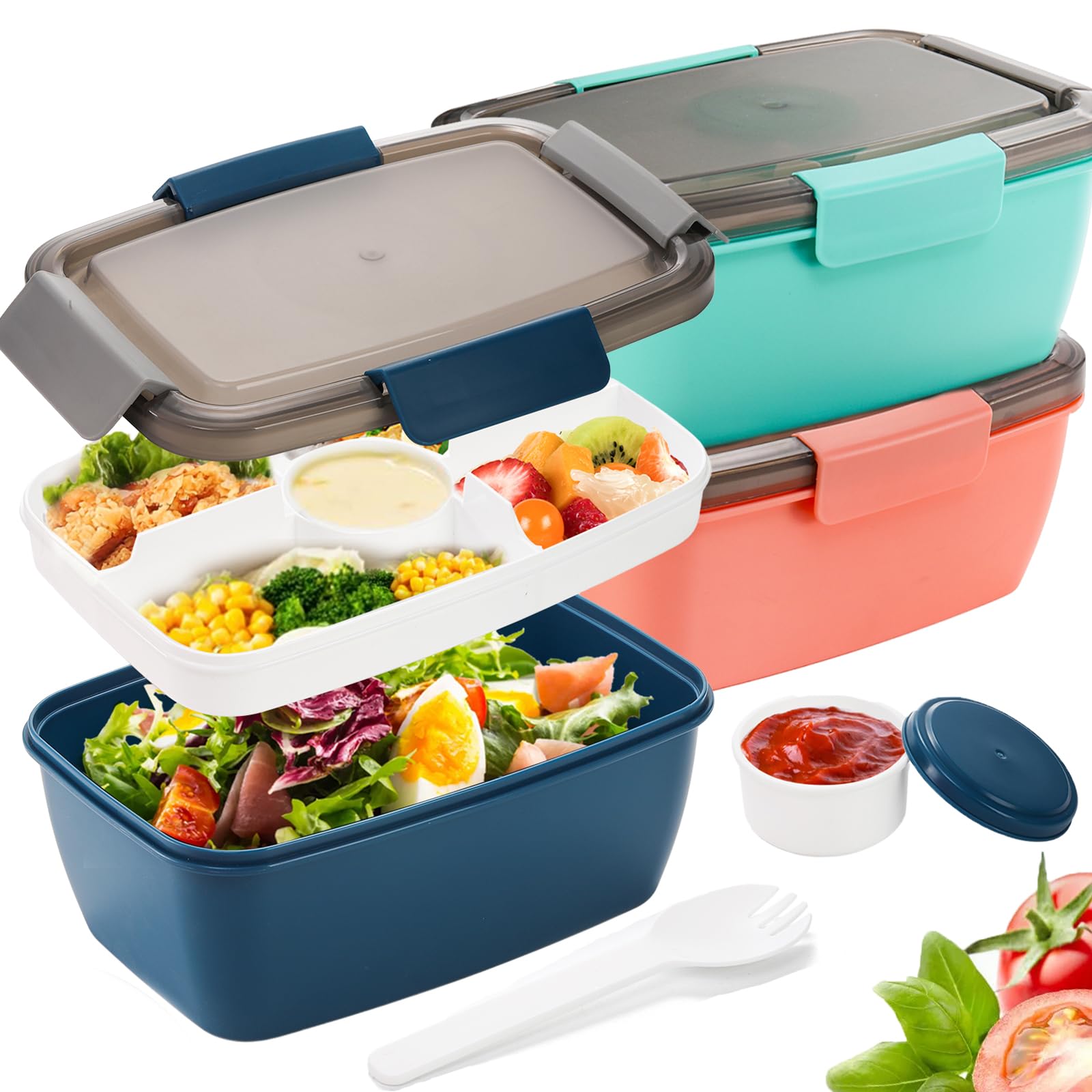 Youeon 3 Pcs 68 Oz Salad Lunch Container With 4 Compartment Tray, Bento Lunch Box With Spoon & Dressing Cup, Leakproof Salad Con