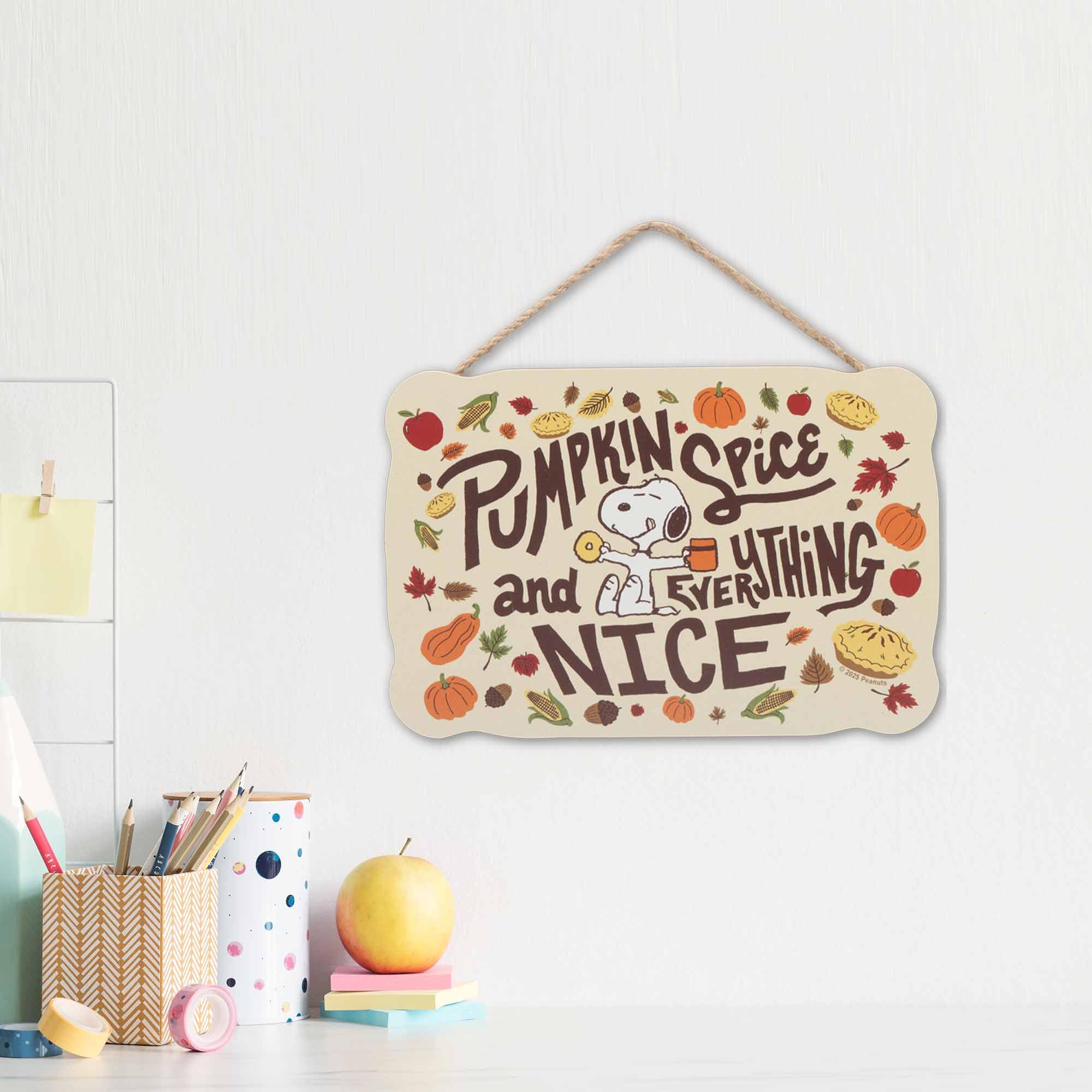 Peanuts Snoopy Pumpkin Spice and Everything Nice Hanging Wood Wall Decor - Cute Snoopy Fall Decor with Autumn Leaves and Pie