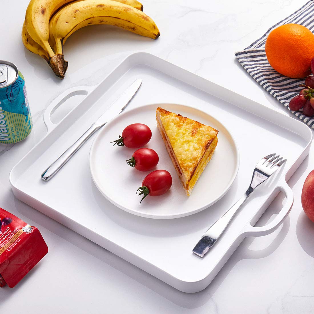 I Bkgoo Foodservice White Plastic Tray With Handle Set Of 2 Large Melamine Cube Serving Platters For Parties, Table, Kitchen Siz