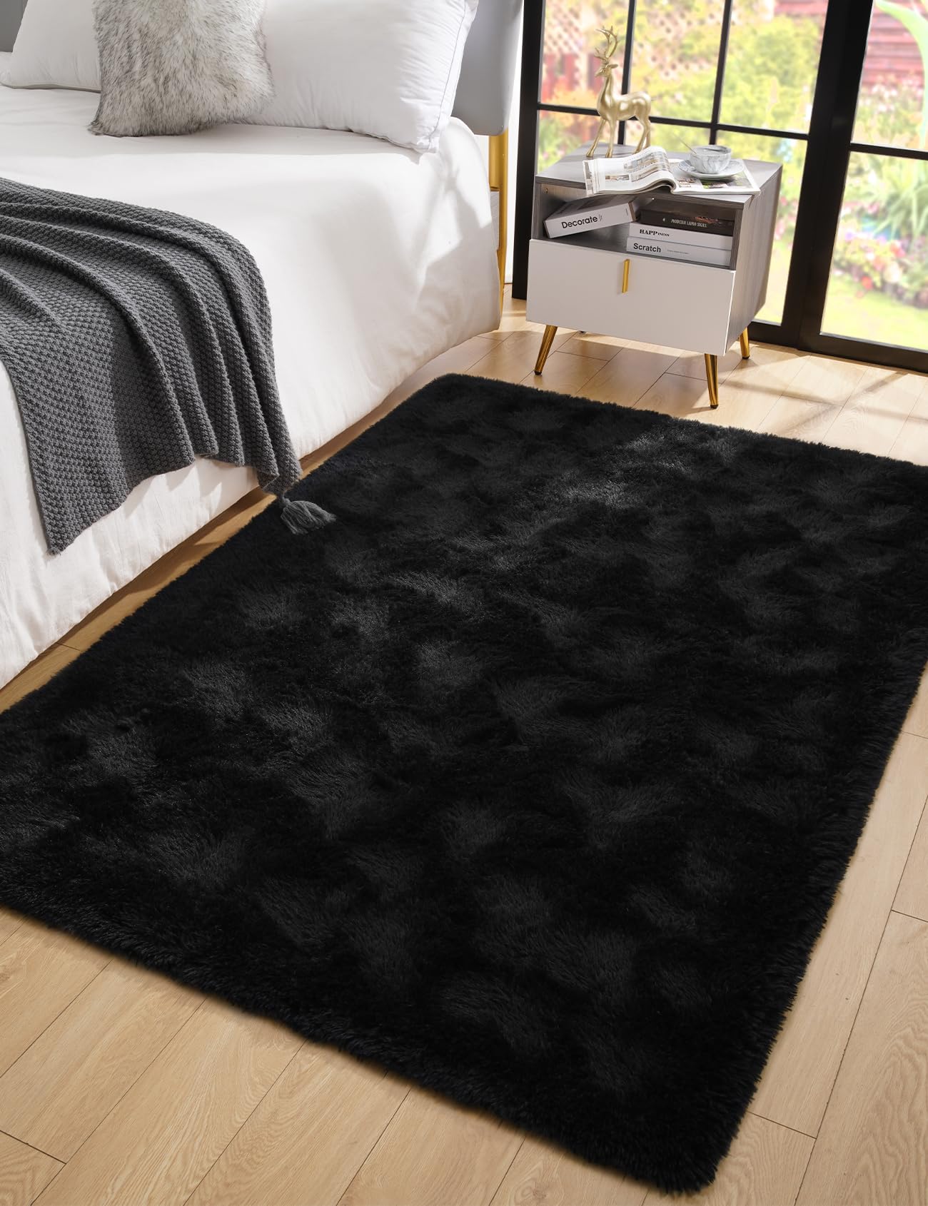 Macgace Fluffy Area Rugs for Bedroom Decor Aesthetic, 3x5 Black Shag Rug with Non-Slip Dots for Living Room, Furry Plush Mat Was