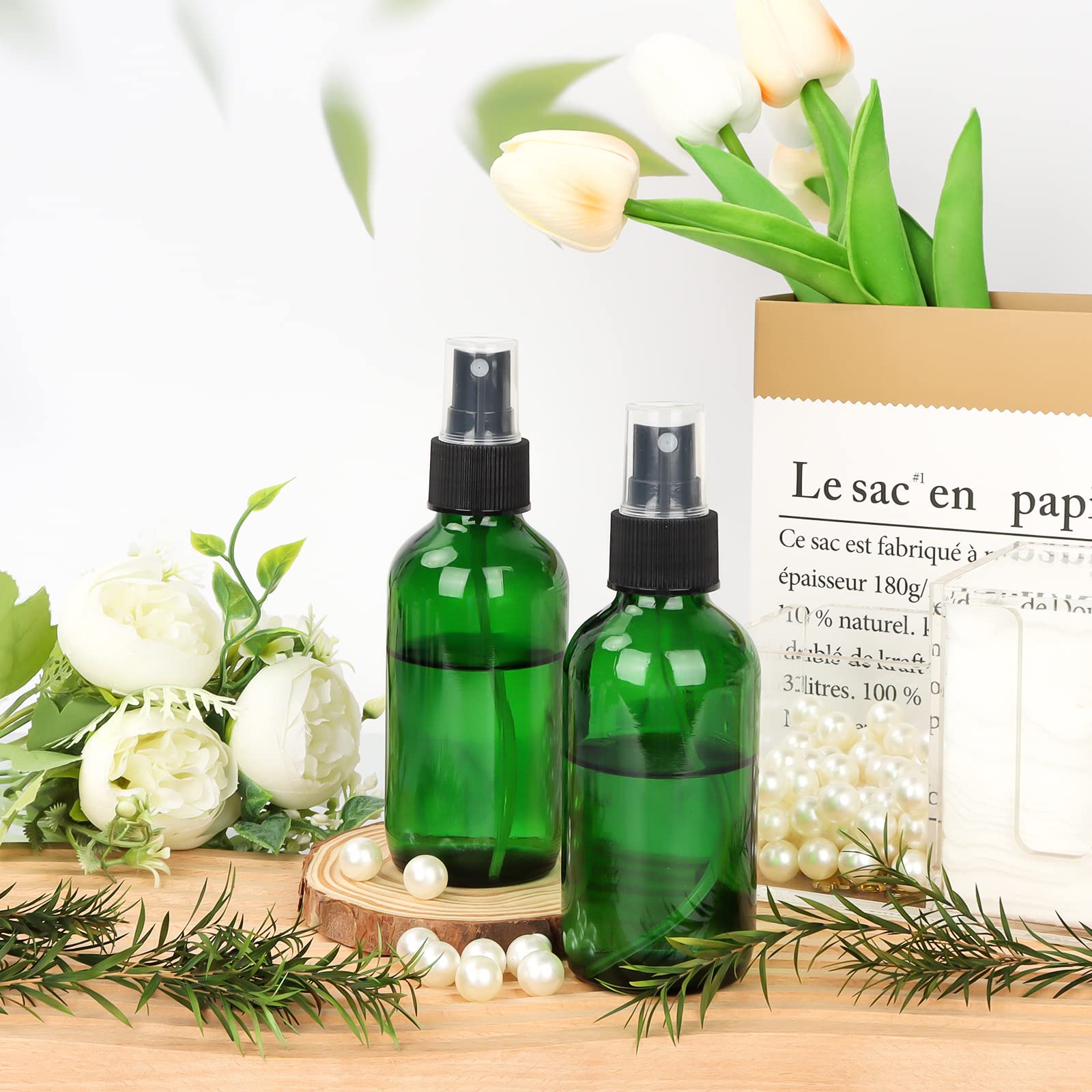 Cyclemore 120Ml 16 Pack 4Oz Green Glass Spray Bottles With Fine Mist Sprayers, Glass Travel Bottles For Cosmetic, Essential Oils