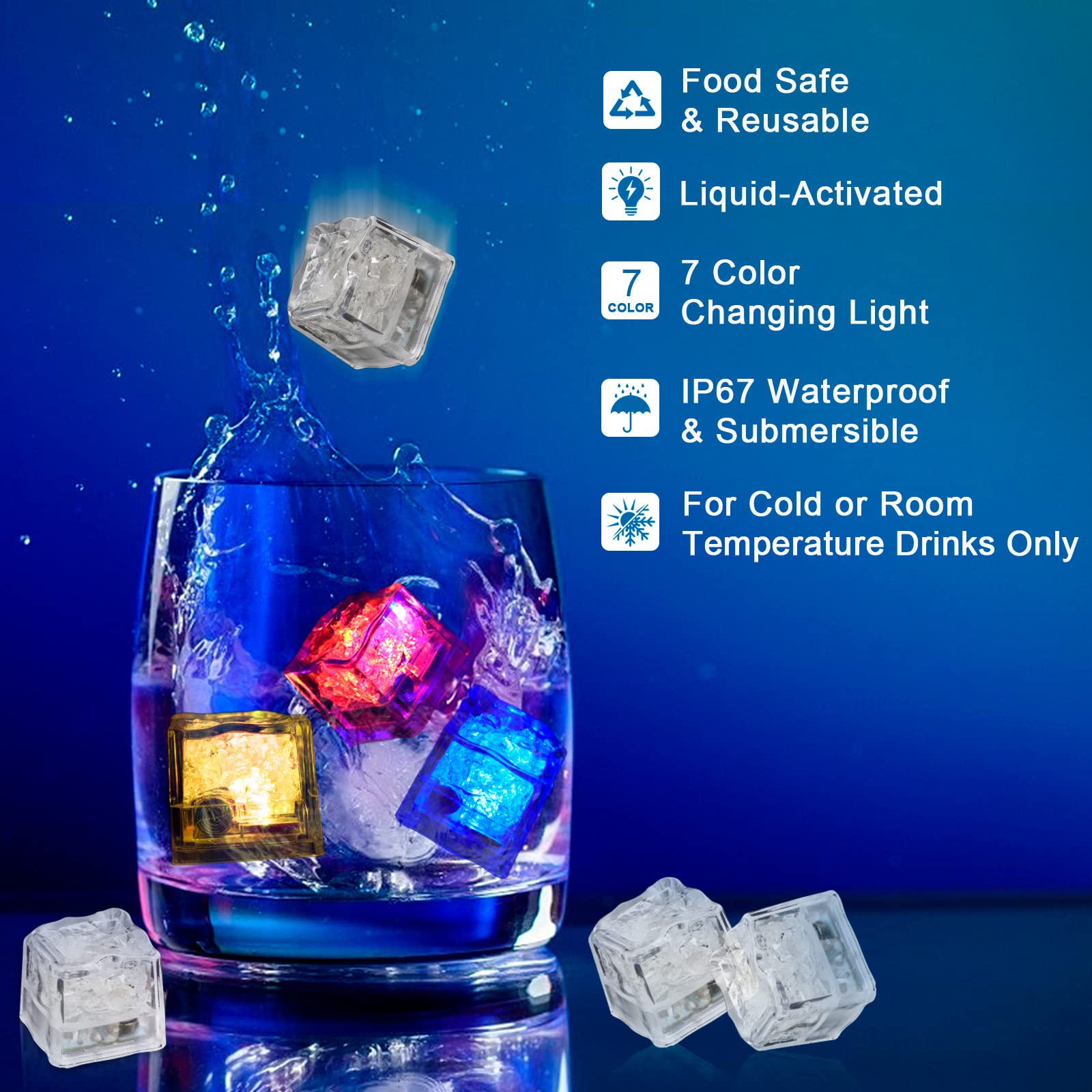 Light Up Ice Cubes, 12/24/48/96 Pack Multi Color Led Ice Cubes For Drinks With Changing Lights, Ip67 Waterproof Reusable Glowing