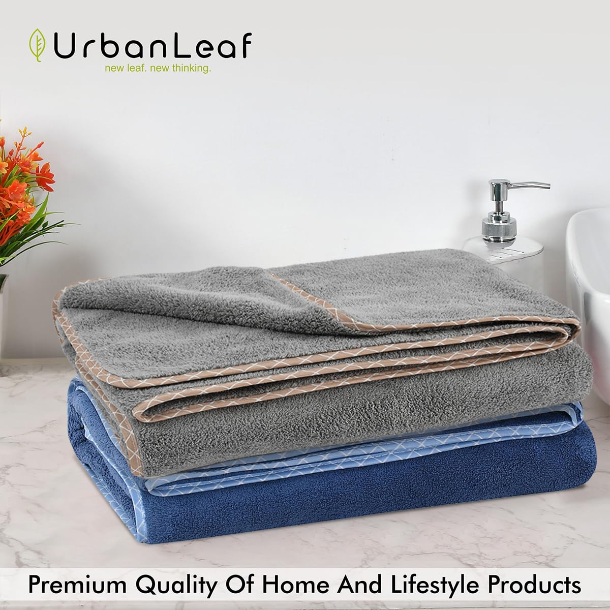 UrbanLeaf Microfiber Large Bath Towel | Quick Dry Super Absorbent - Bath Towel for Men and Women | Grey & Navy Blue | Towel for