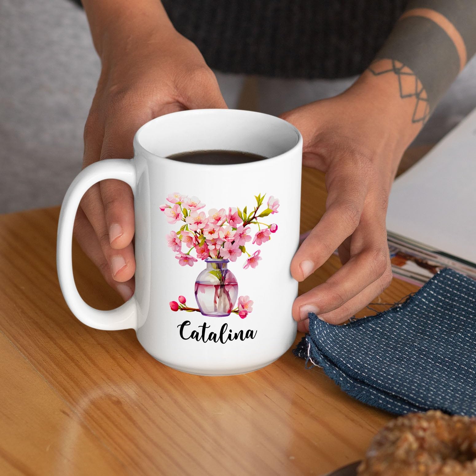 Cherry Blossom Gifts, Customized Cherry Blossom Coffee Cup with Name, Personalized Sakura Ceramic Mug for Women, Custom Cherry B
