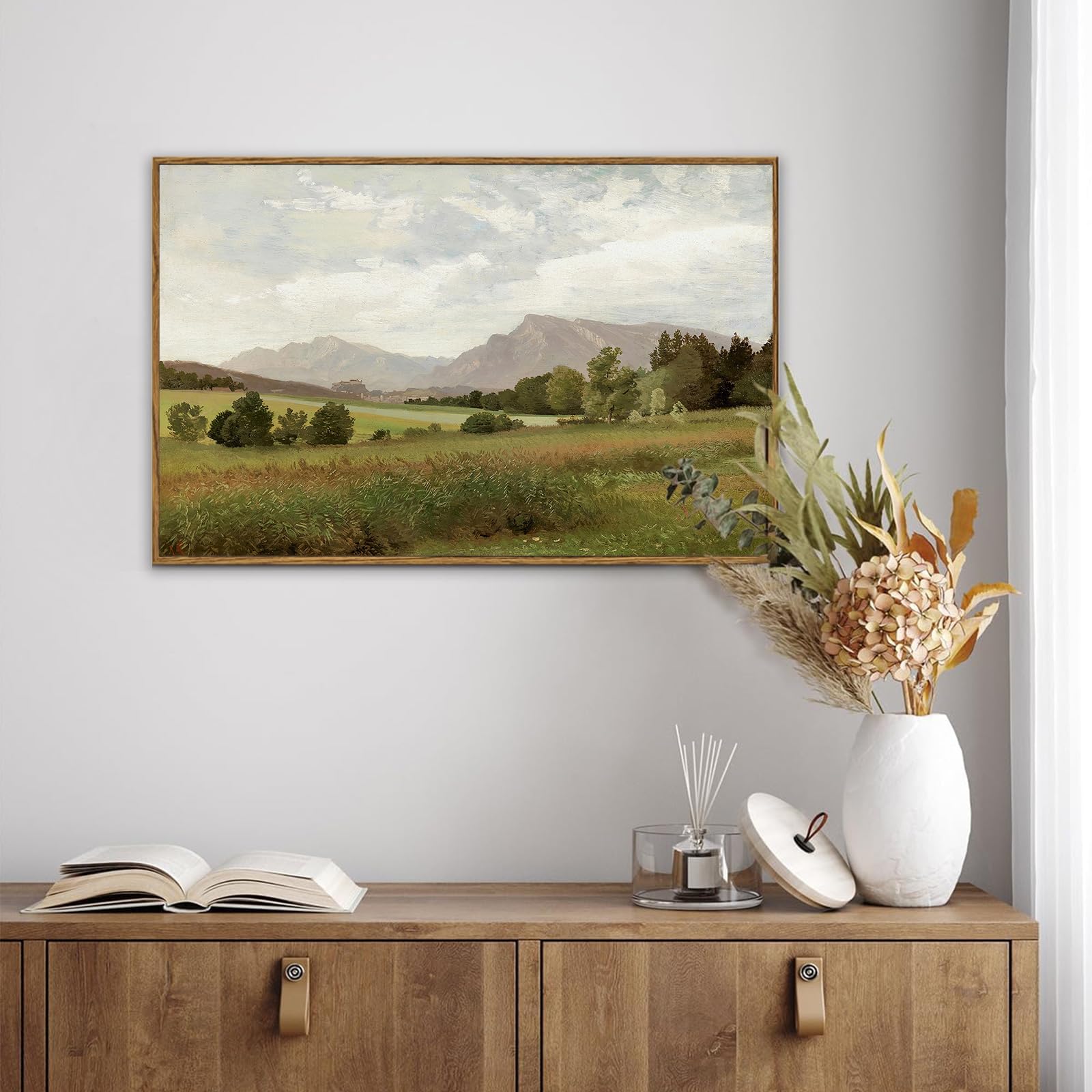 Kbkbart Framed Vintage Landscape Wall Art Prints, Retro Muted Green Forest Valley Nature Wilderness Canvas Painting, Farmhouse D