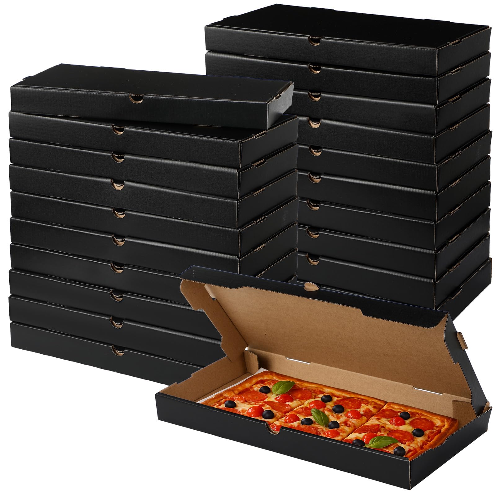 AmazingSpark Pizza Boxes 14 x 7 x 1.5 Inch Black Flatbread Box Sturdy Corrugated Rectangular Take out Baking Containers for Flat