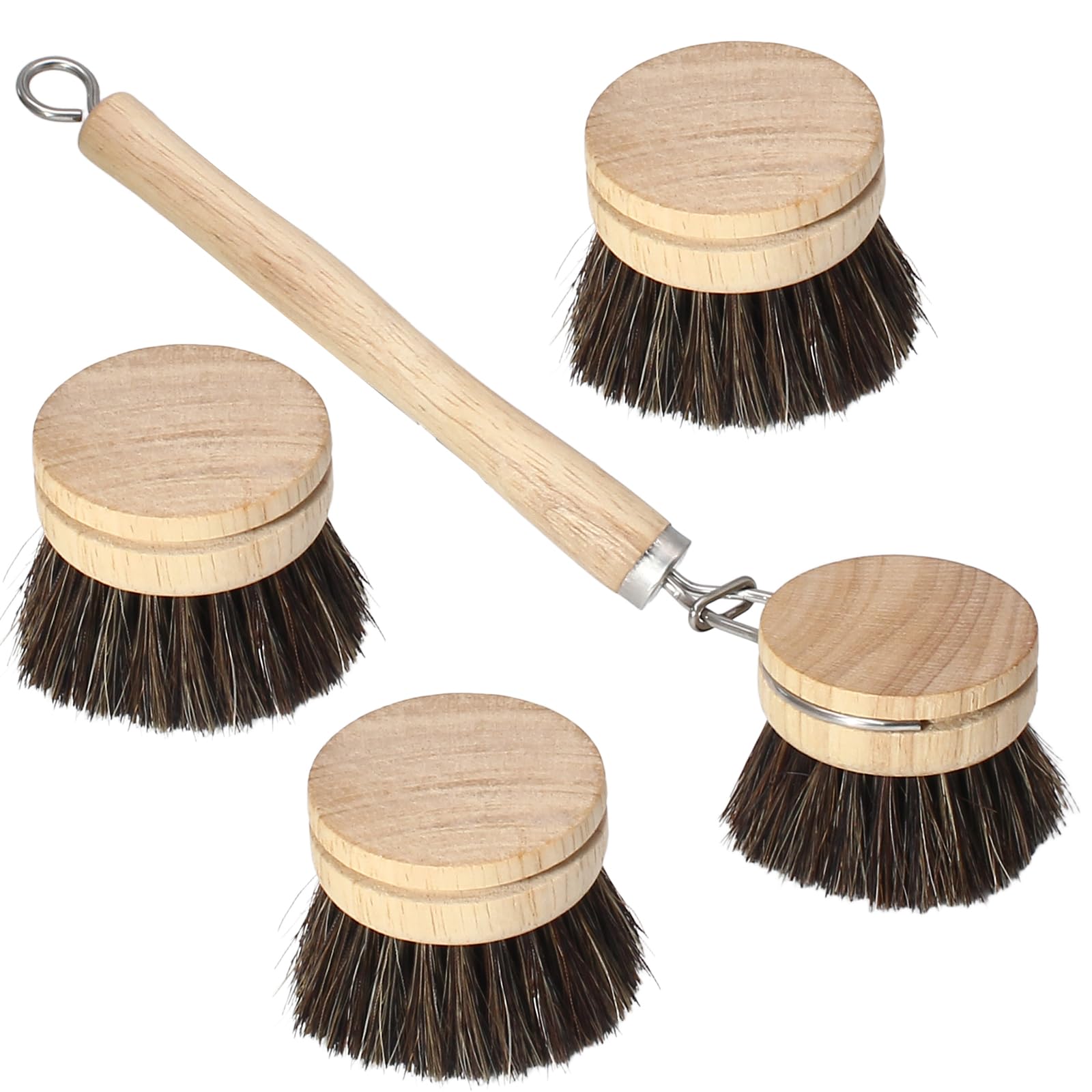 HARSKIYER 5 Pc Wood Dish Brush, 4 Horsehair Heads with 1 Handle