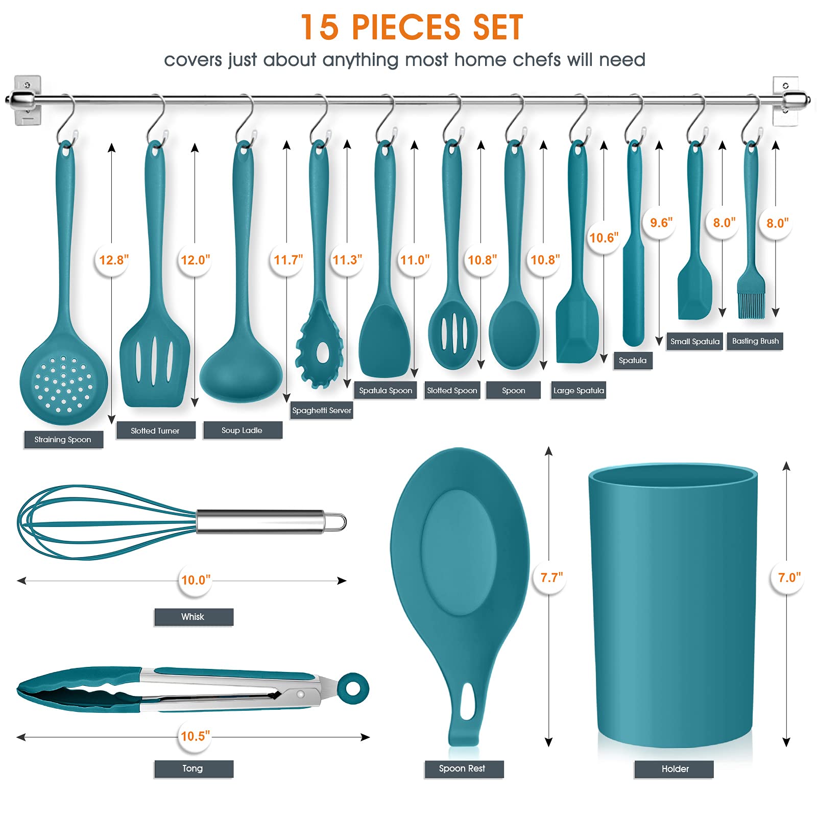 Teal Blue Kitchen Utensils Set, E-Far 15-Piece Silicone Cooking Utensils With Holder, Non-Stick Cookware Friendly & Heat Resista